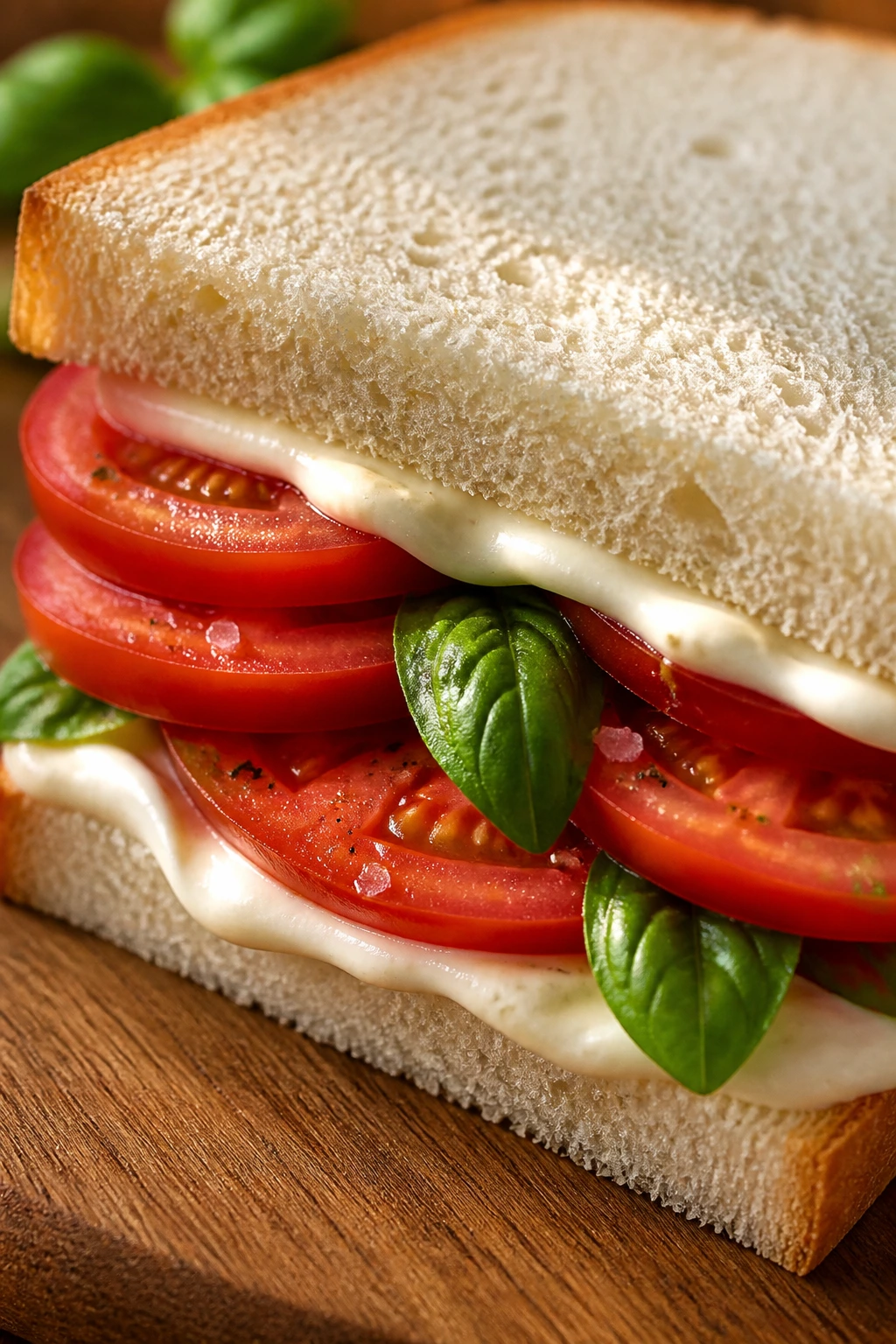 Close-up of tomato mayo basil sandwich on cutting board