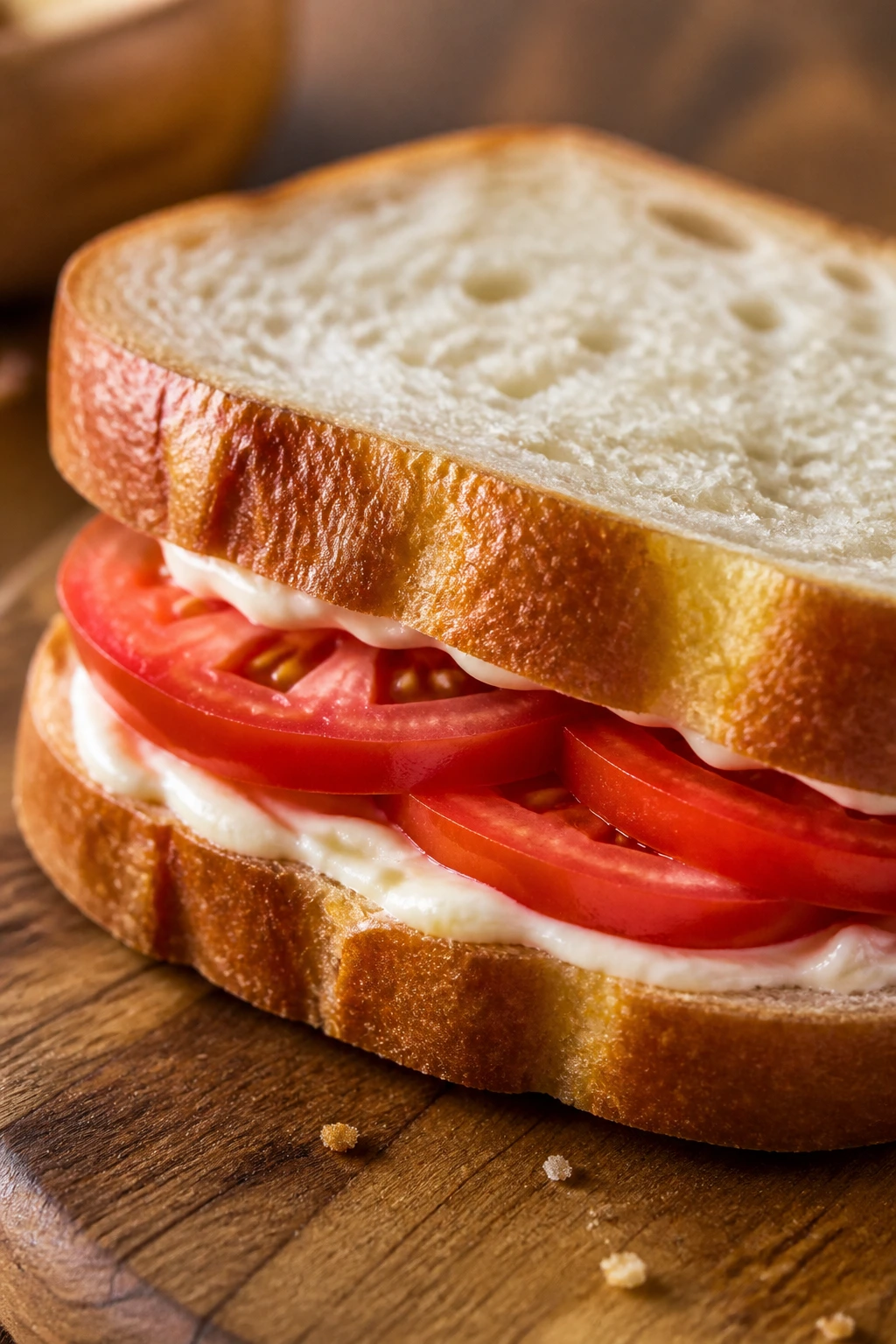 Tomato mayo sandwich on thick bread with butter
