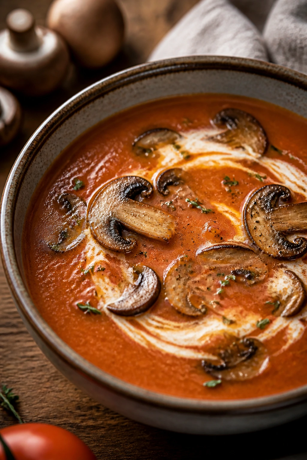 Close-up of tomato and mushroom soup in a rustic bowl on a wooden counter