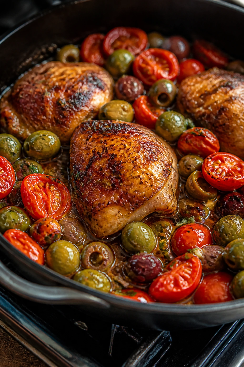 Tomato and olive skillet close-up with tomatoes and olives