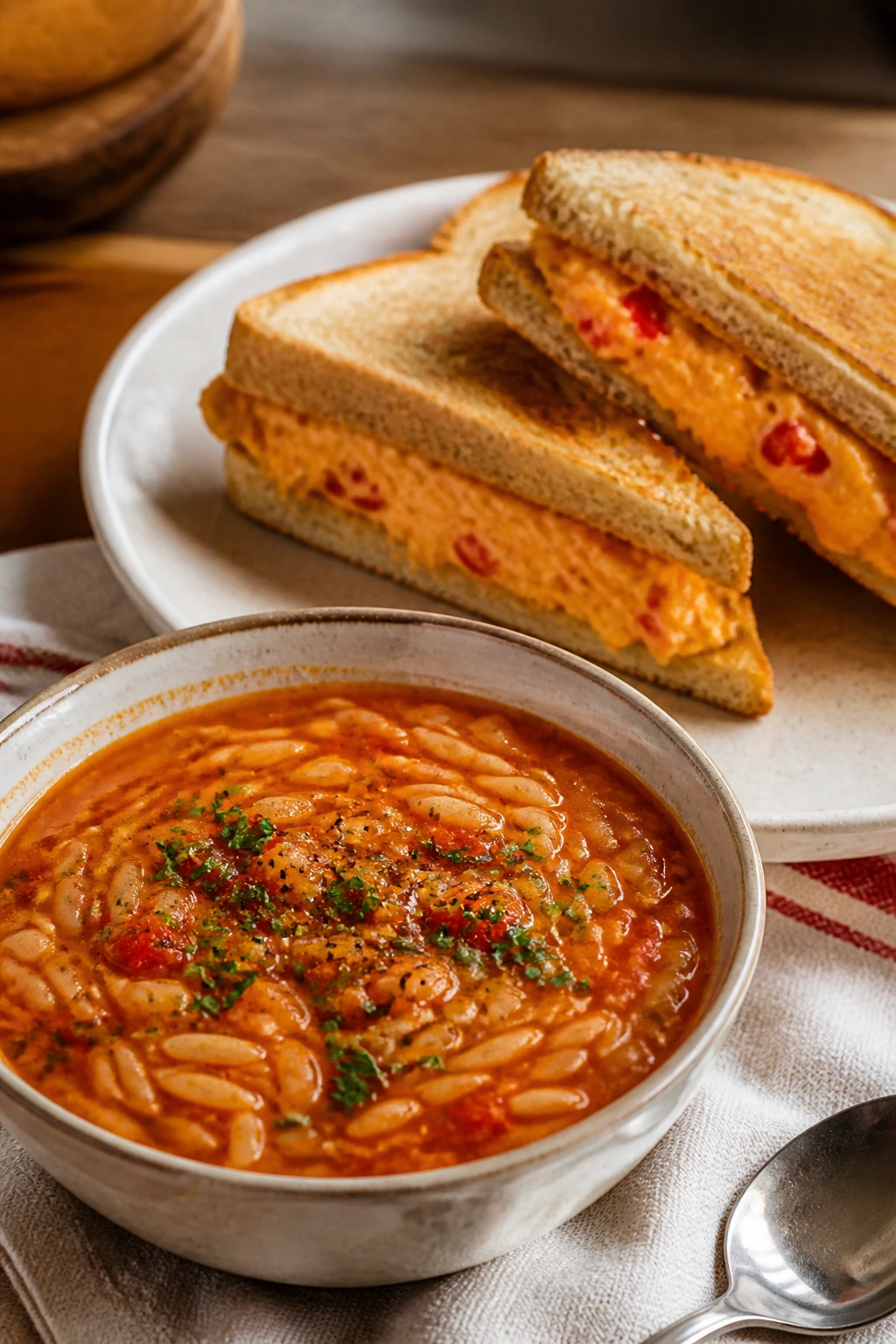 Tomato orzo soup with pimento cheese sandwiches on a plate.