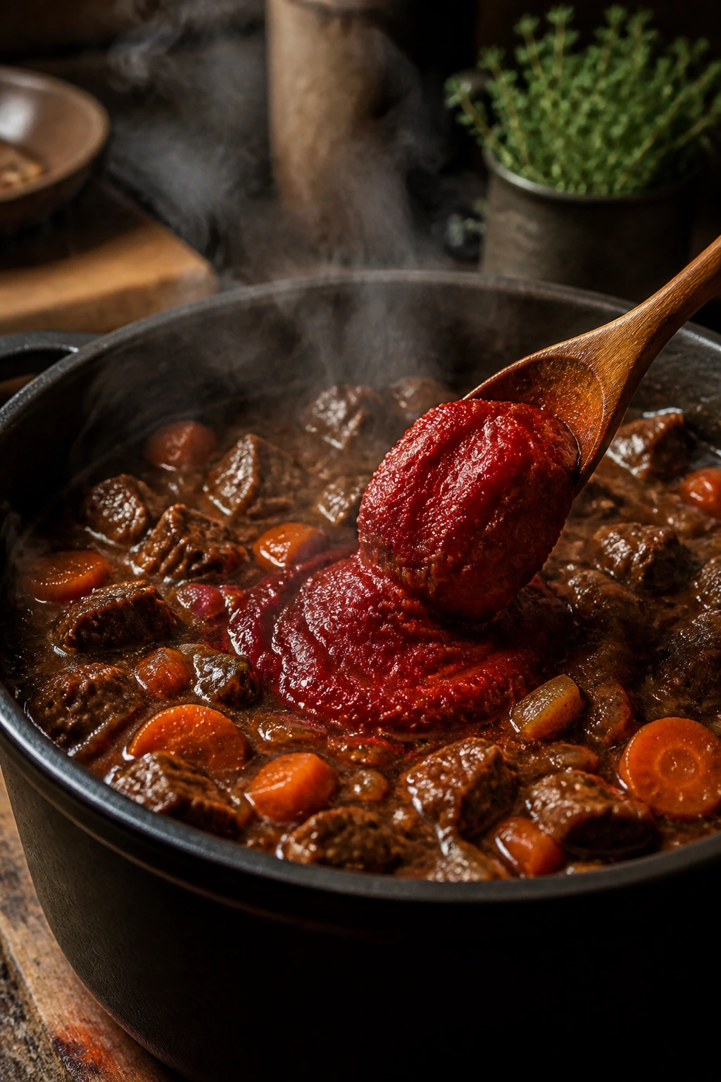Spoonful of tomato paste in a simmering pot for flavor boost