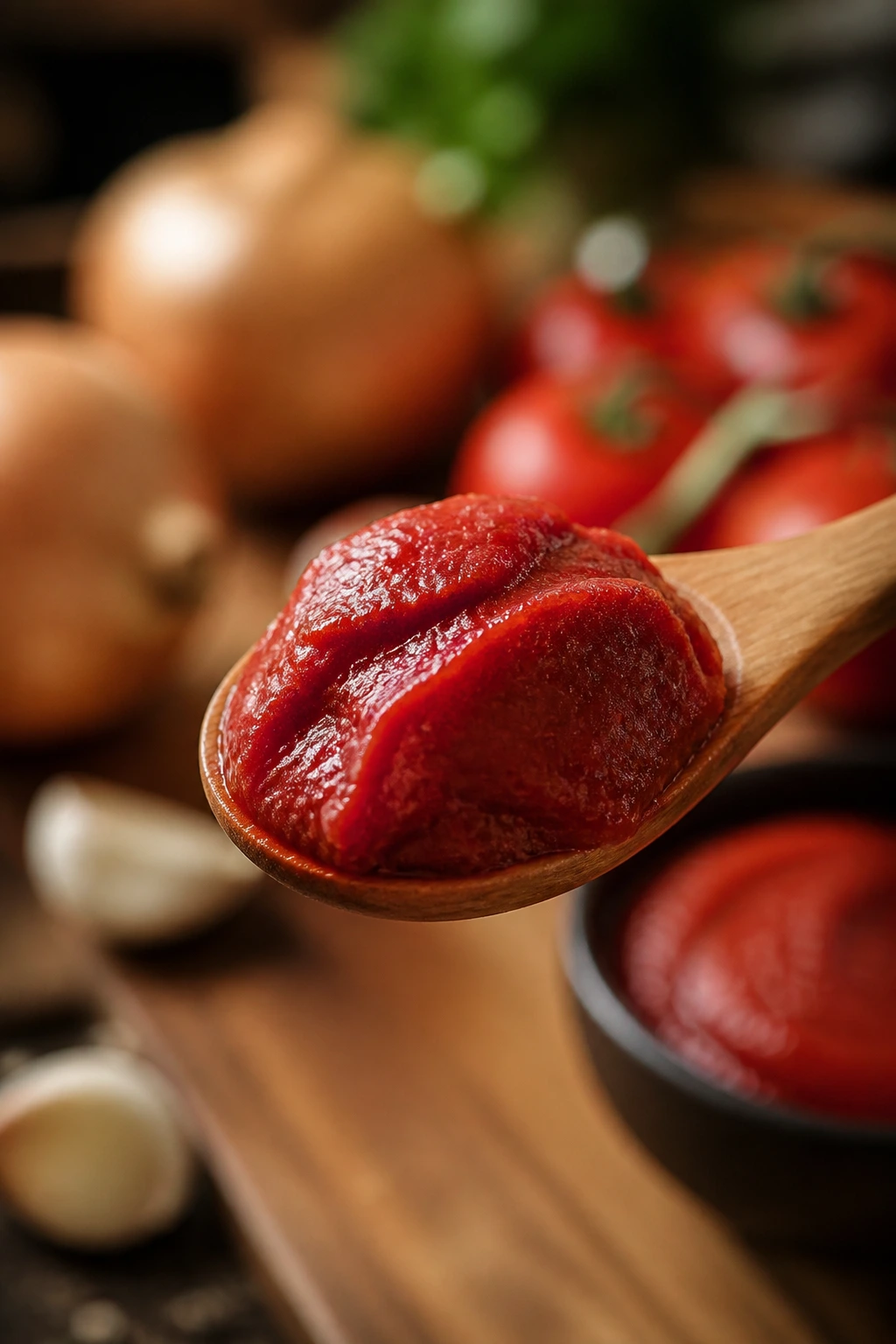 Teaspoon of tomato paste on a wooden spoon