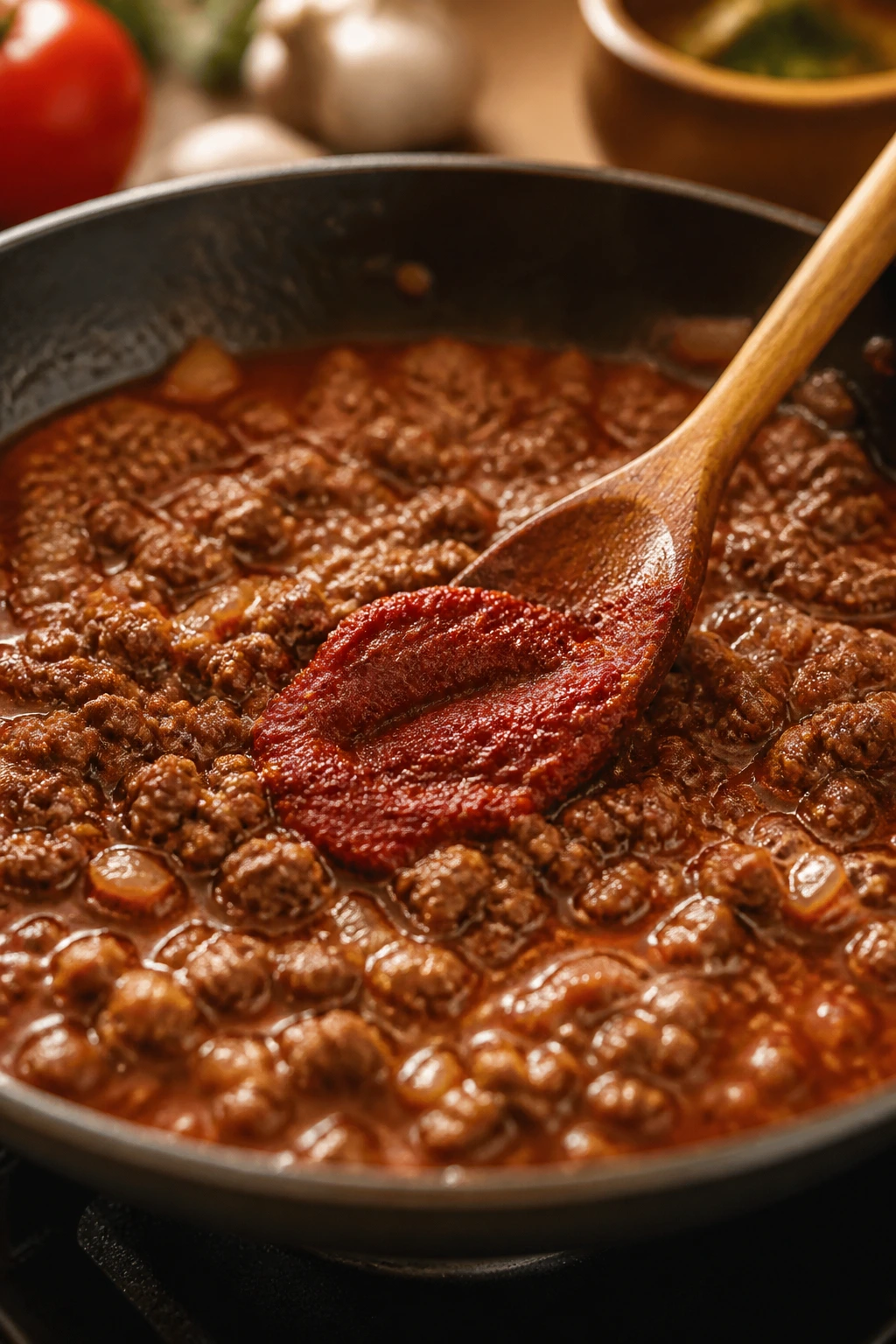 Tomato paste stirred into beef sauce in a pan