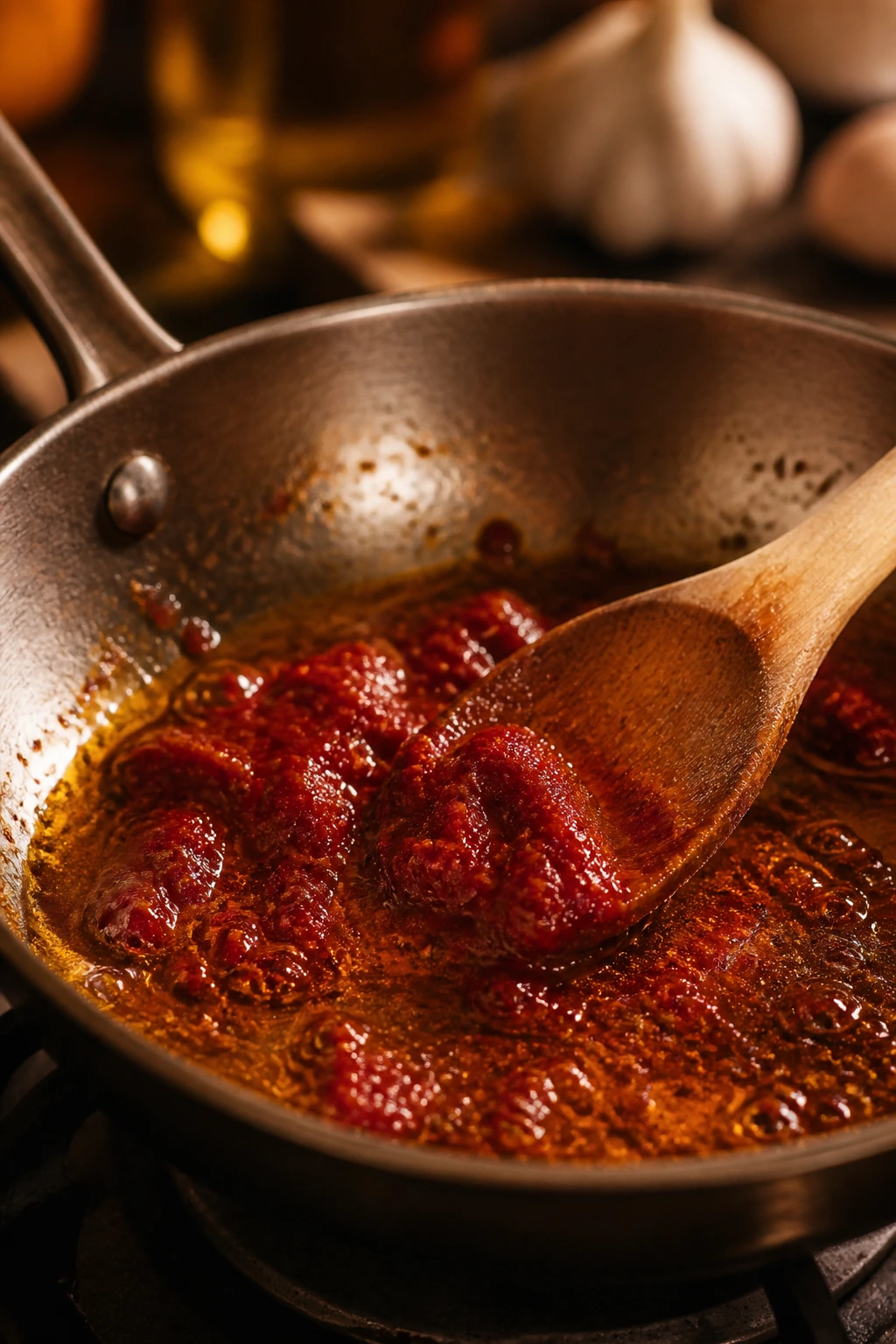 Tomato paste browning in olive oil in a pan, illustrating flavor-building technique.