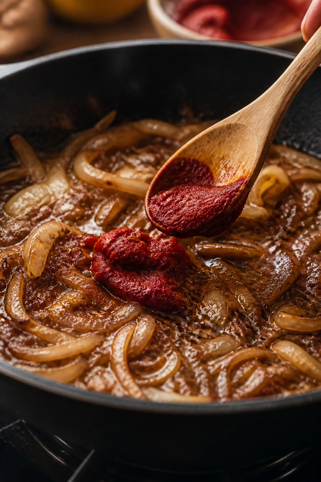 Skillet with onions and tomato paste being stirred into sauce