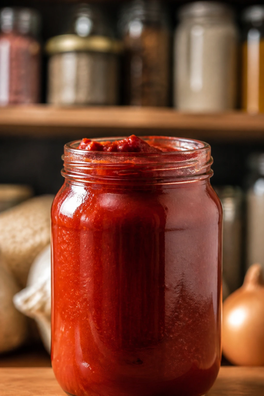 Close-up of a plain glass jar of tomato paste in a pantry