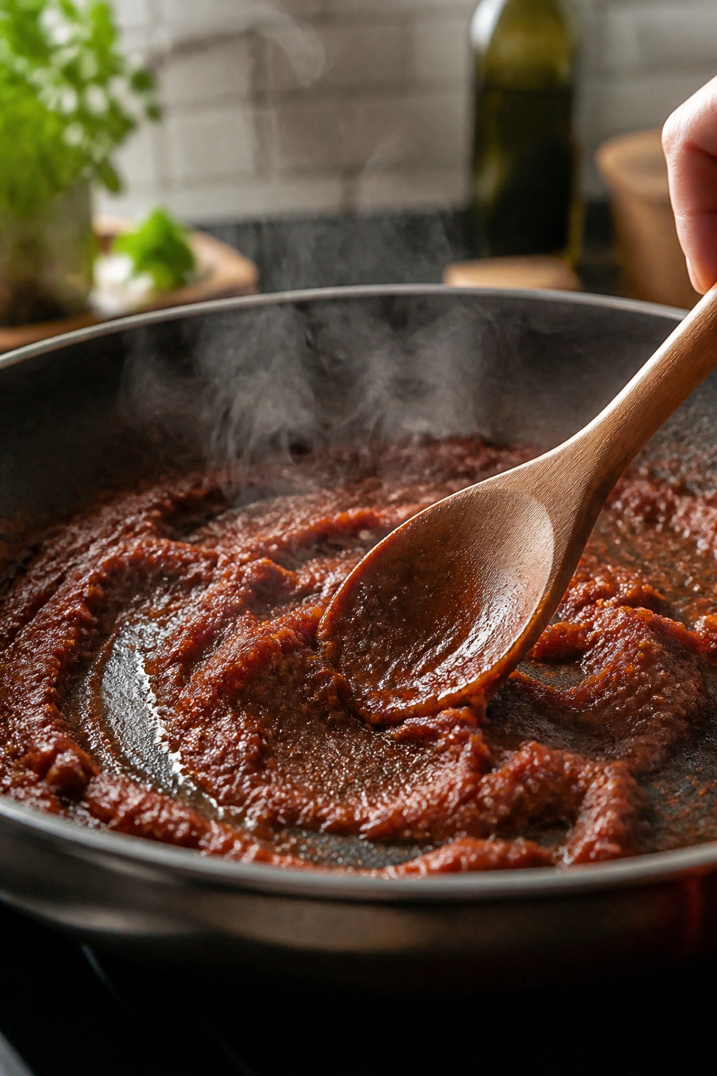 Spoon browning tomato paste in a pan to boost flavor.