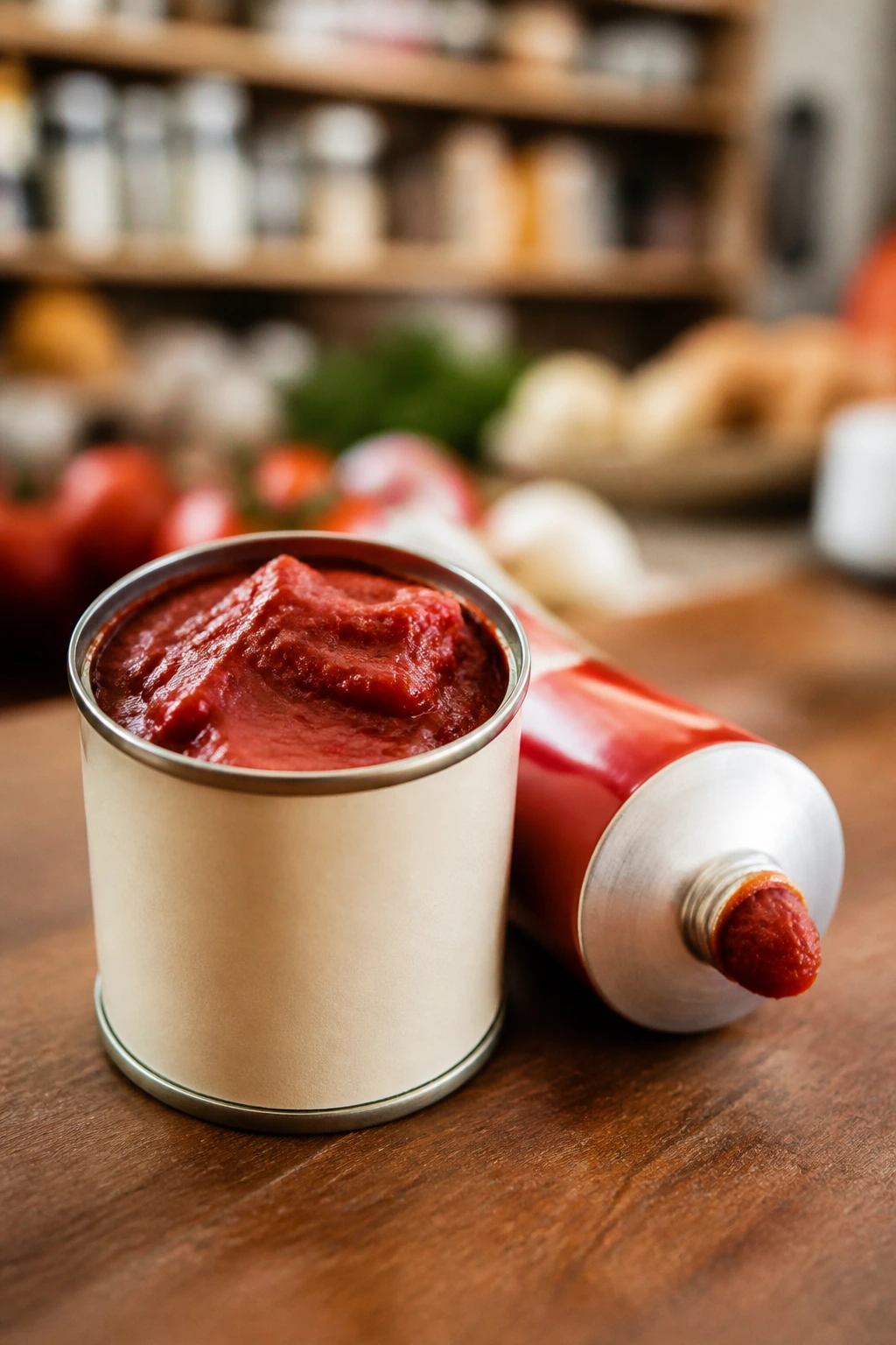Tomato paste can on a kitchen counter with a blurred pantry background