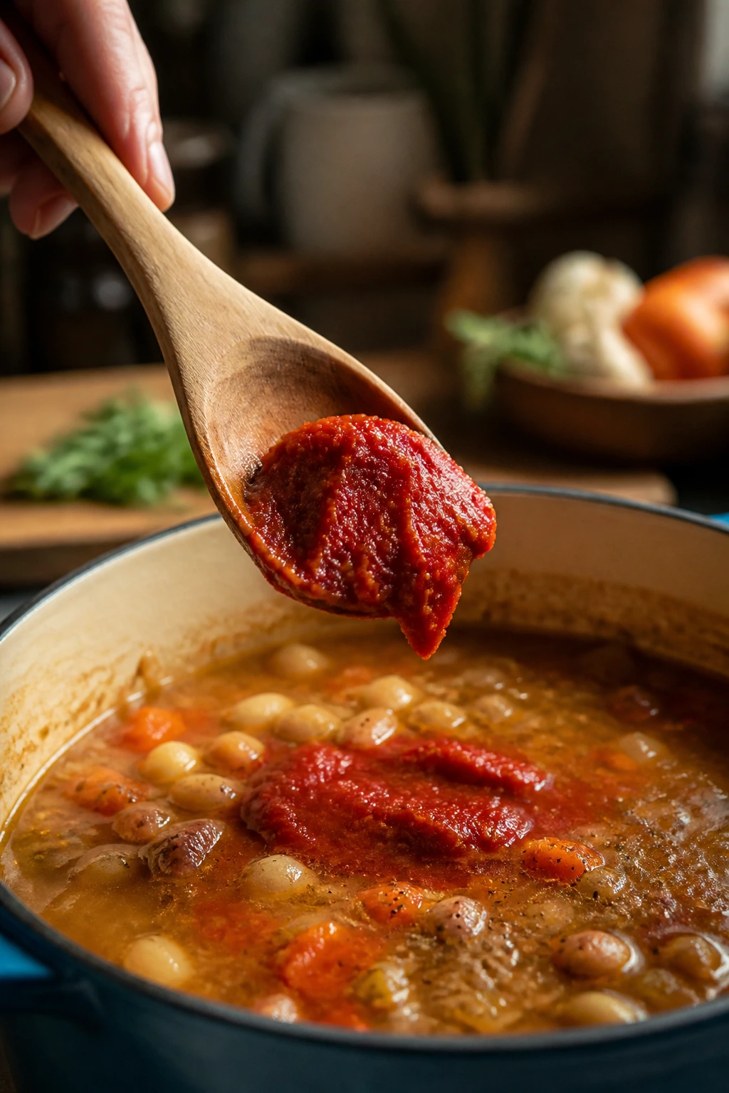Close-up of spoon adding tomato paste to simmering soup, boosting flavor.