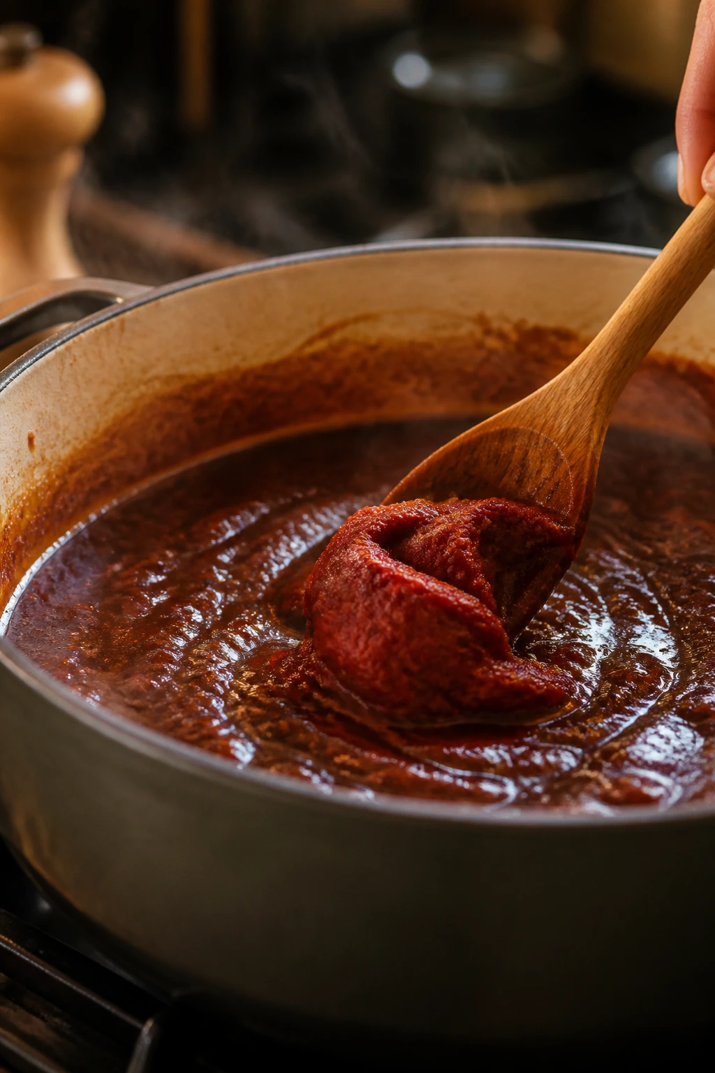 Tomato paste being incorporated into a simmering sauce on the stove.