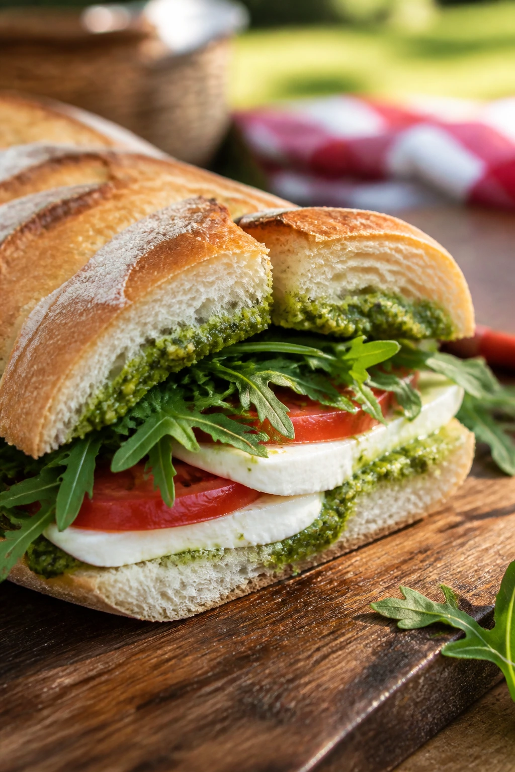 Close-up of Tomato-Pesto Mozzarella Baguette with pesto, tomato, mozzarella, arugula