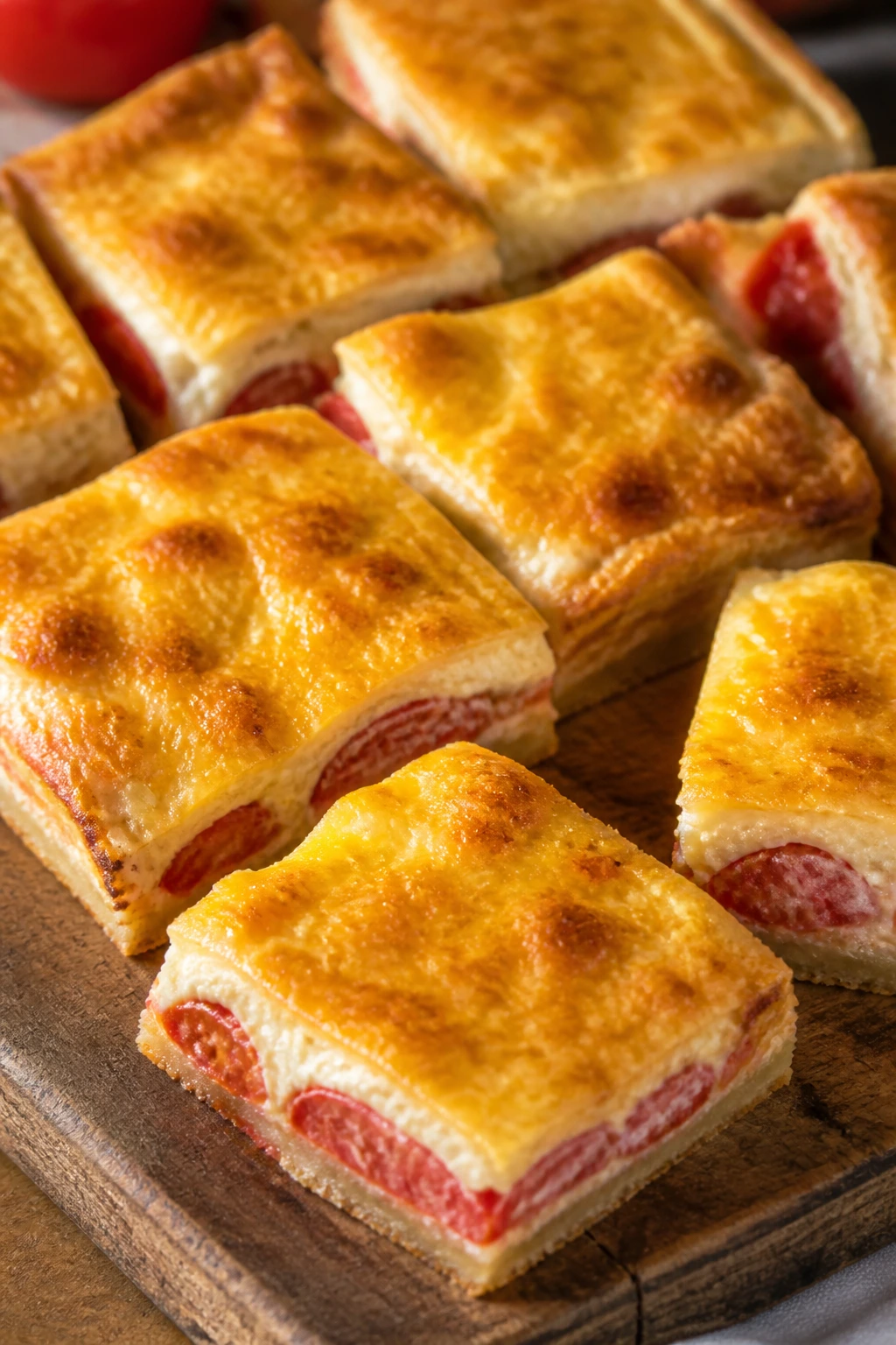 Close-up of tomato pie squares on a wooden board
