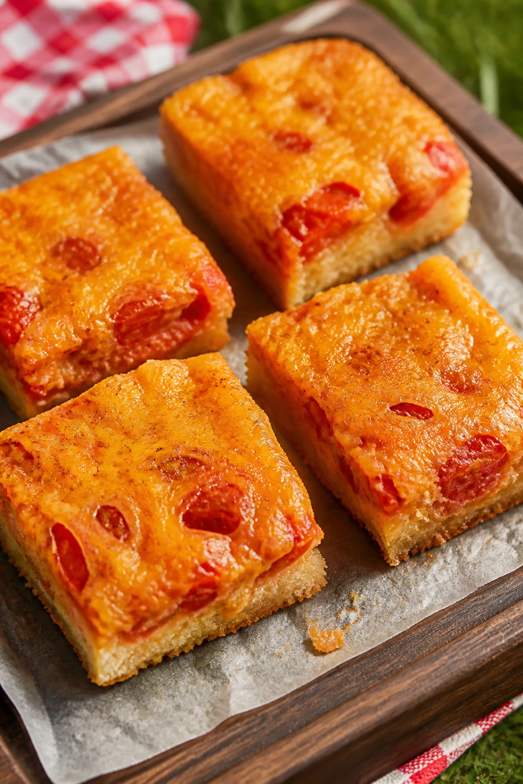 Tomato pie squares on rustic tray