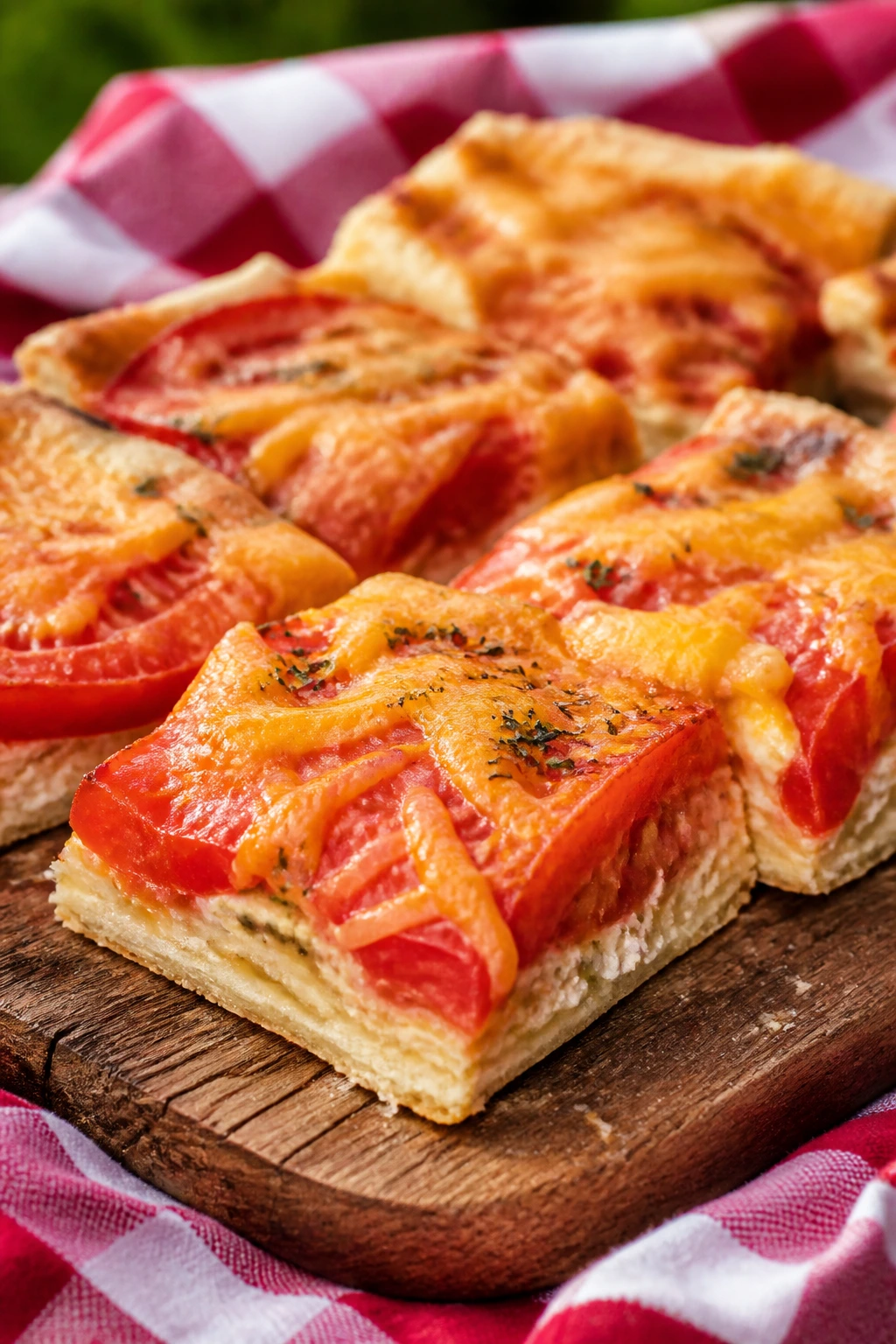 Close-up of tomato pie squares on a rustic plate at a picnic.
