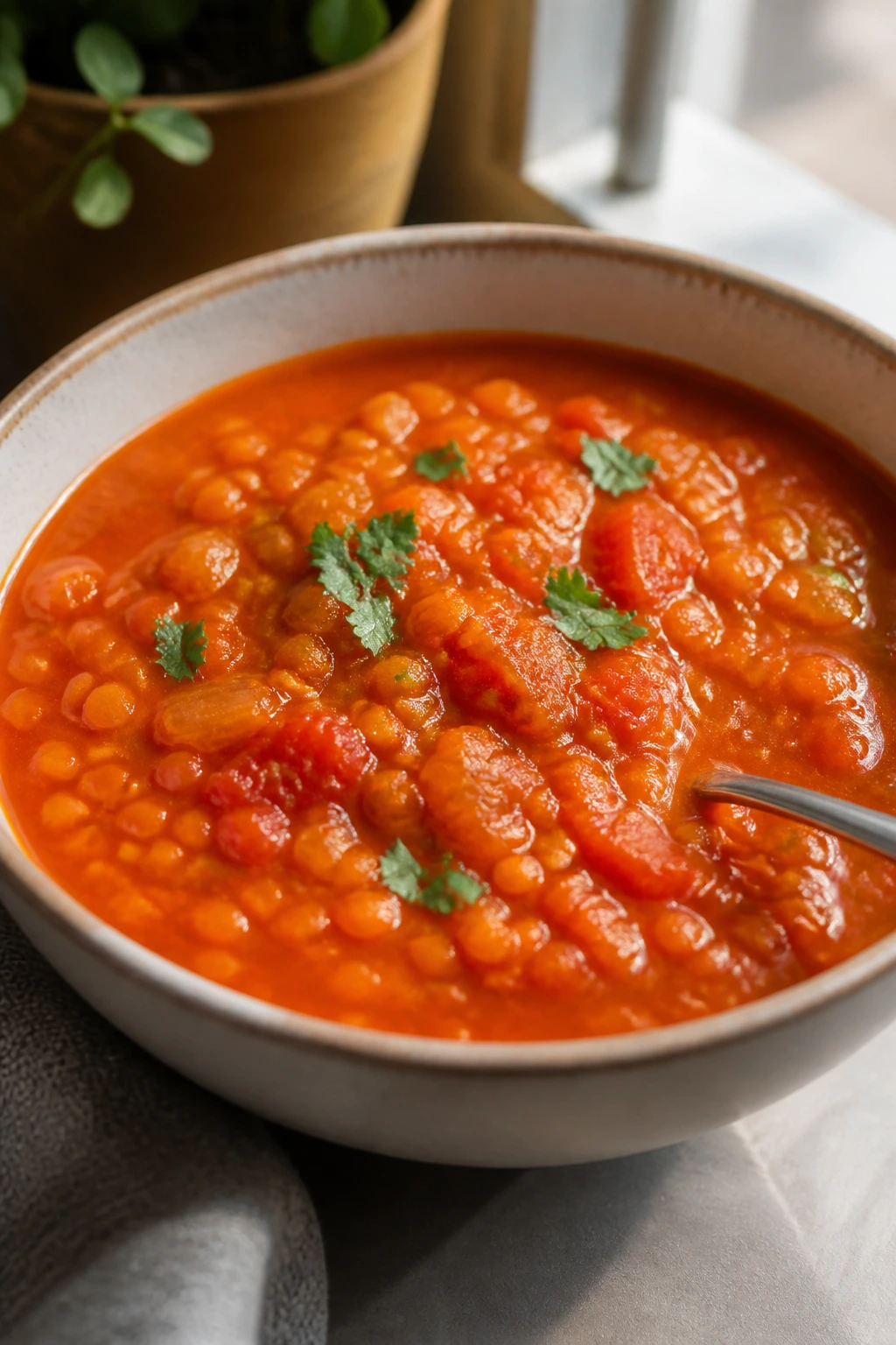 Close-up of tomato red lentil soup in a bright bowl