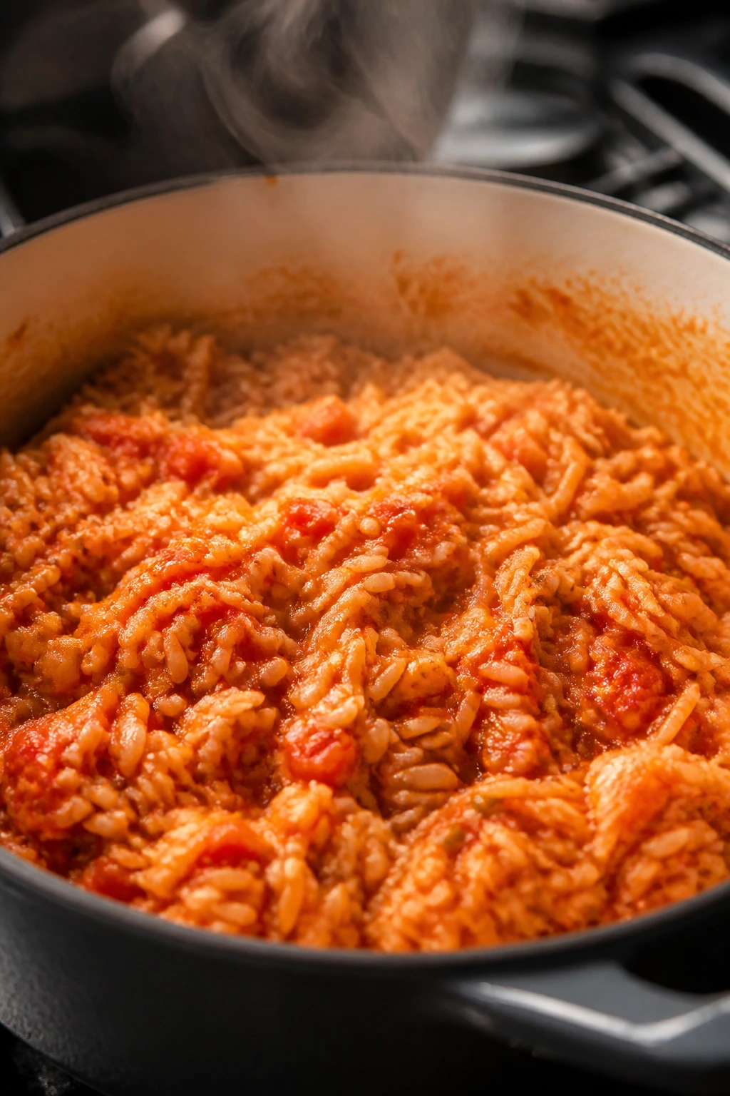 Pot of tomato rice on a stove in a kitchen
