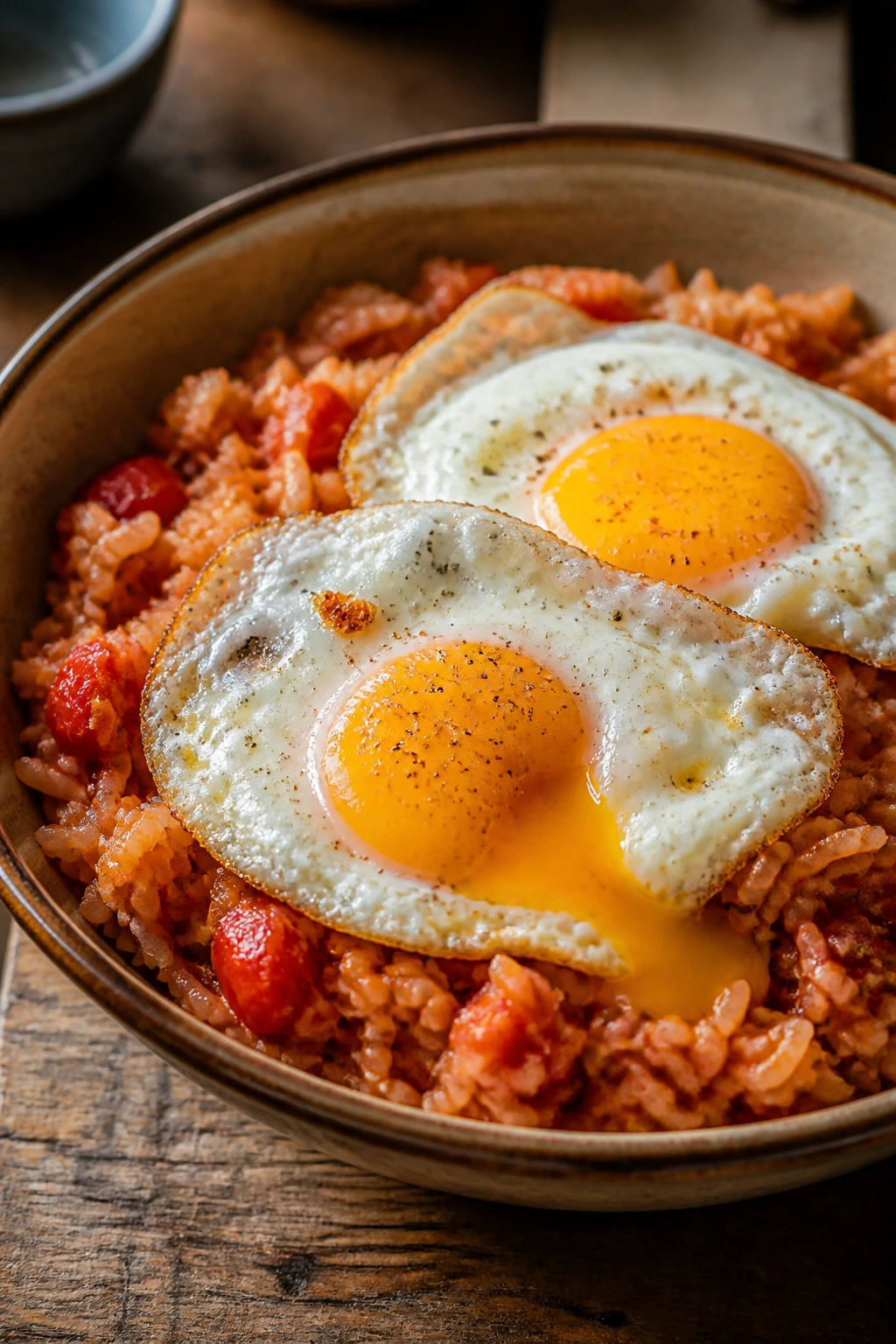 Tomato rice with fried eggs in a ceramic bowl