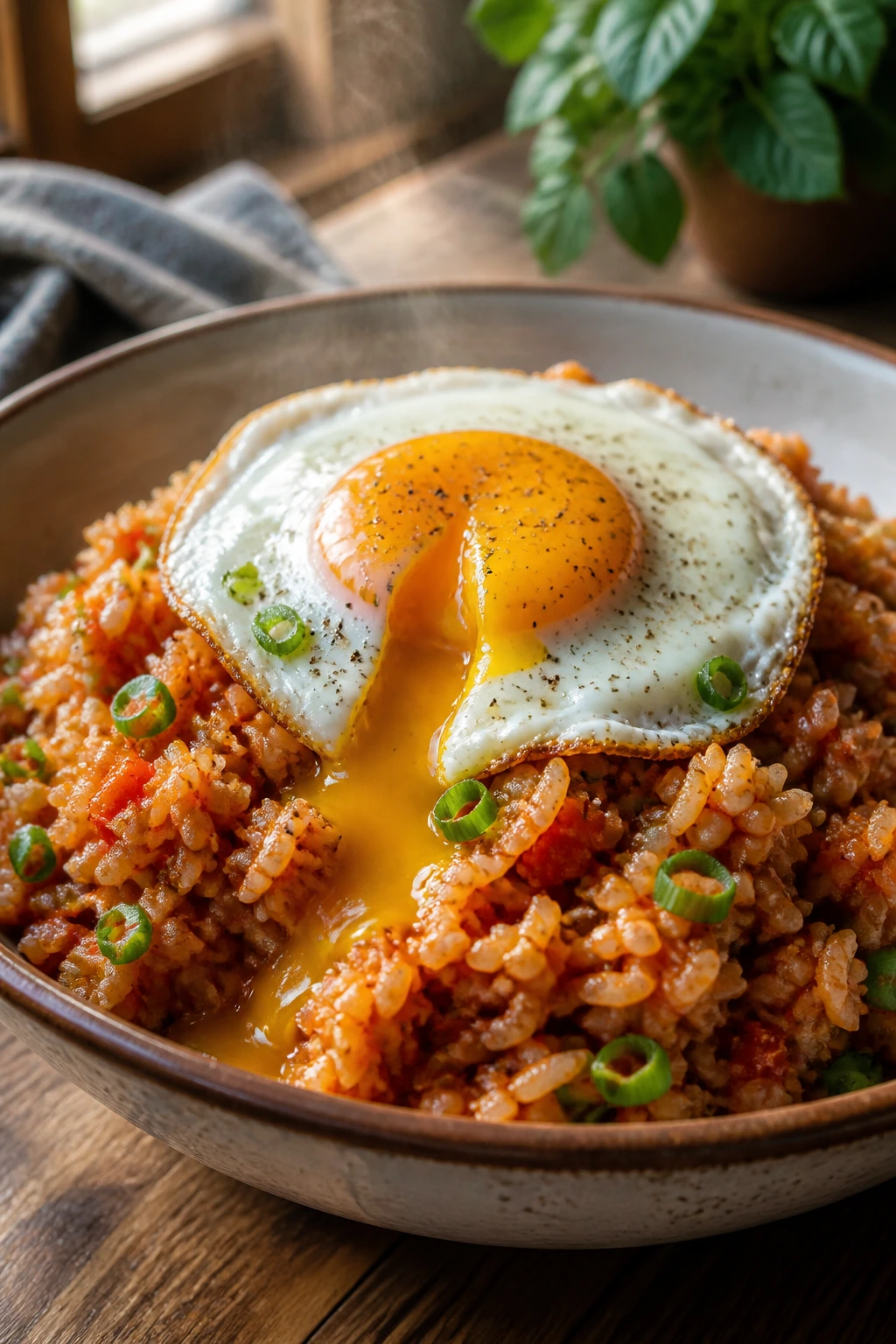 Close-up bowl of tomato rice with fried egg on top in a cozy kitchen