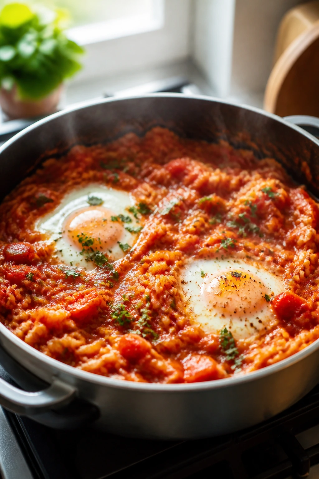 One-pot tomato rice with eggs in wells on stove