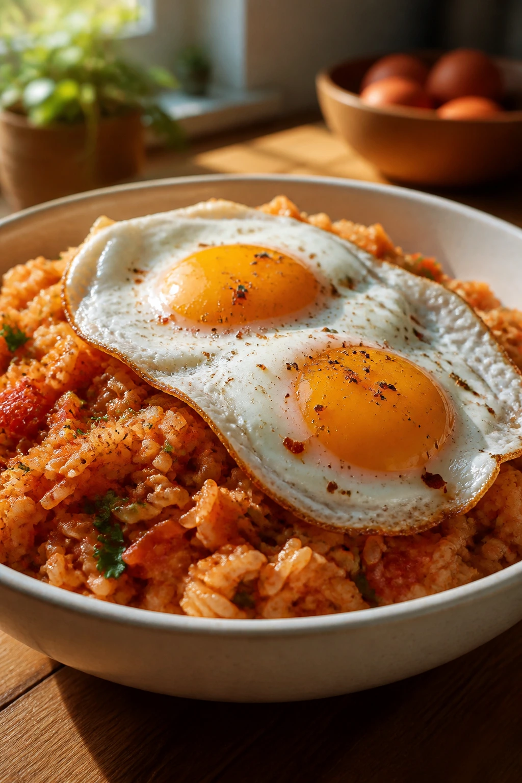 Close-up of tomato rice with fried egg in a bowl on a kitchen counter