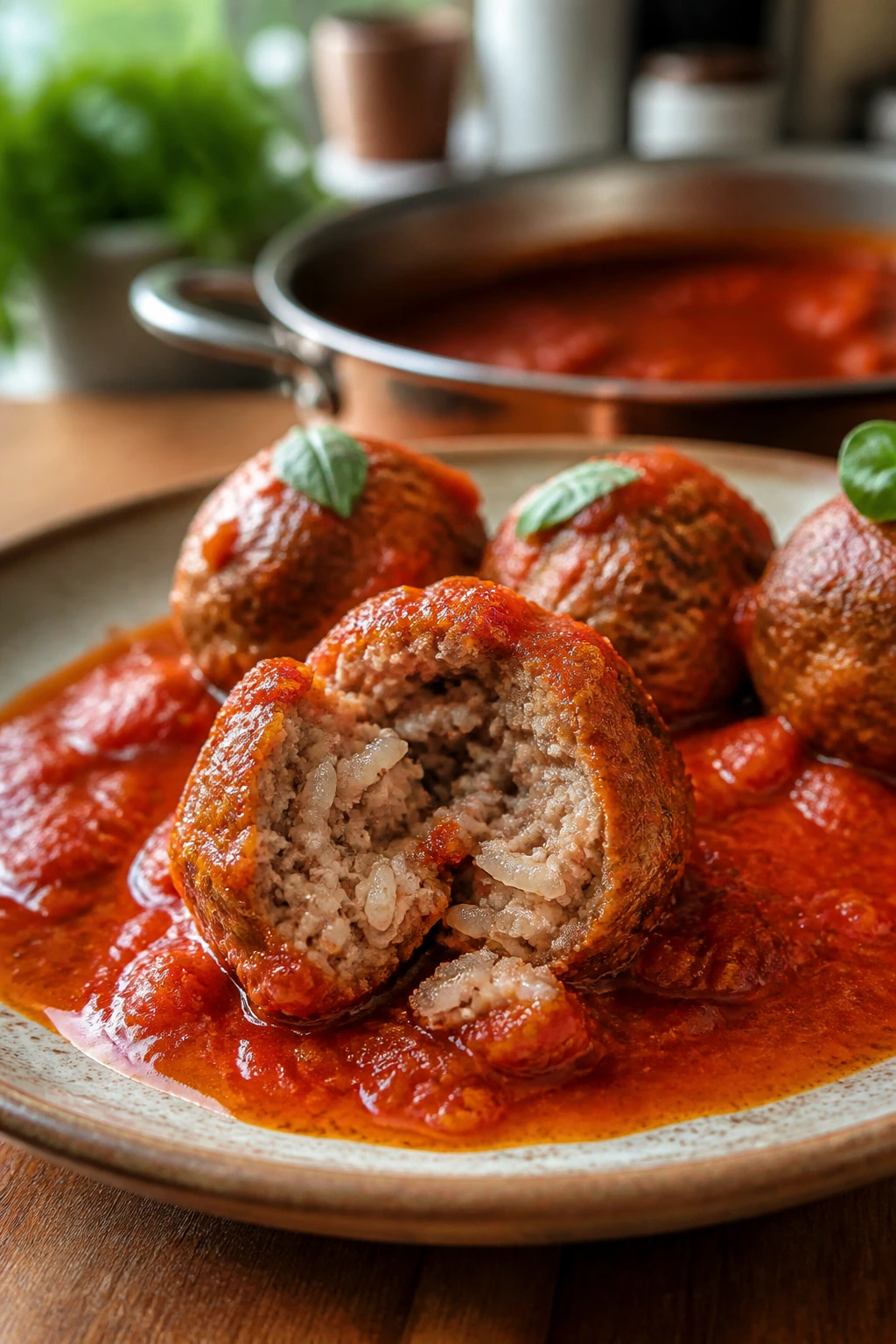 Tomato rice meatball in tomato sauce on rustic plate