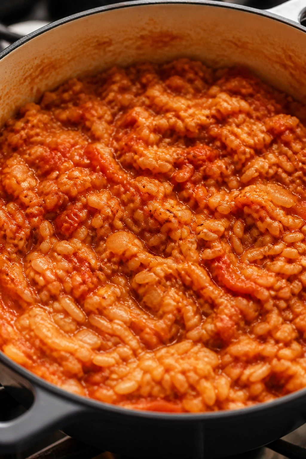 Close-up of tomato rice simmering in a pot
