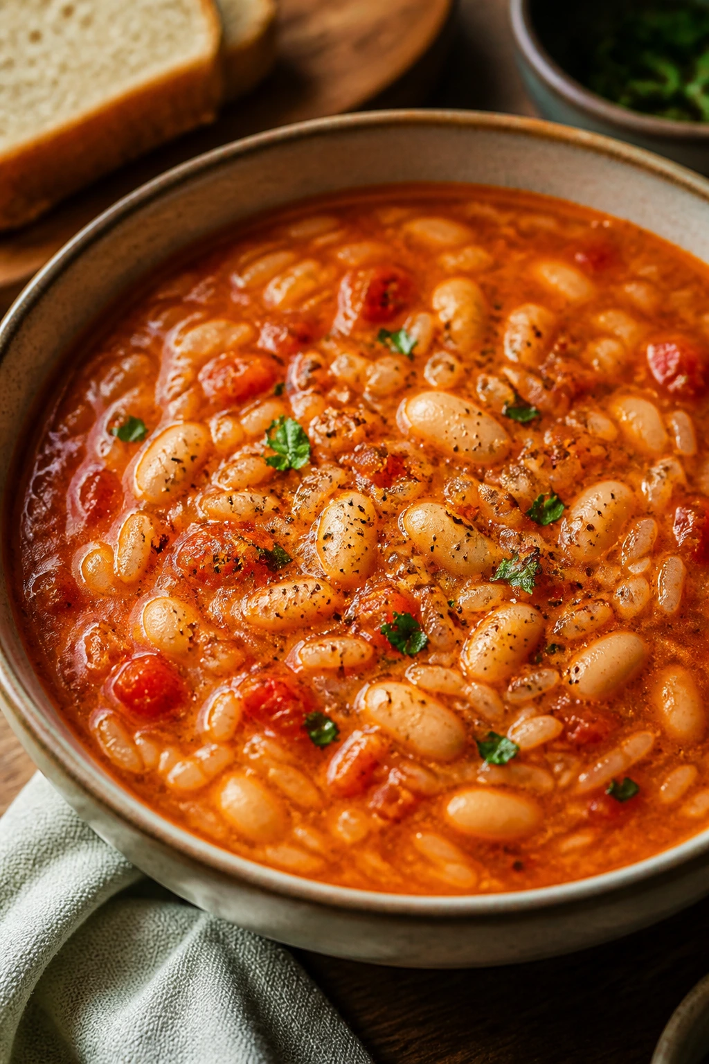 Tomato rice soup with white beans in a warm bowl