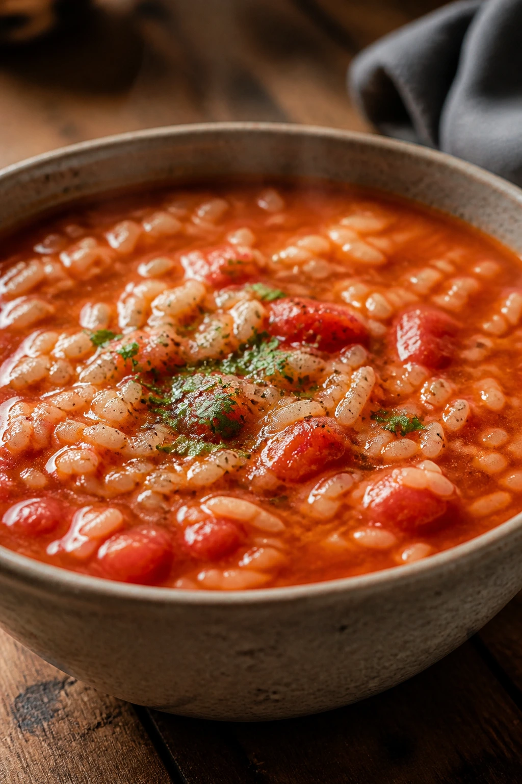 Steaming bowl of tomato rice soup with rice
