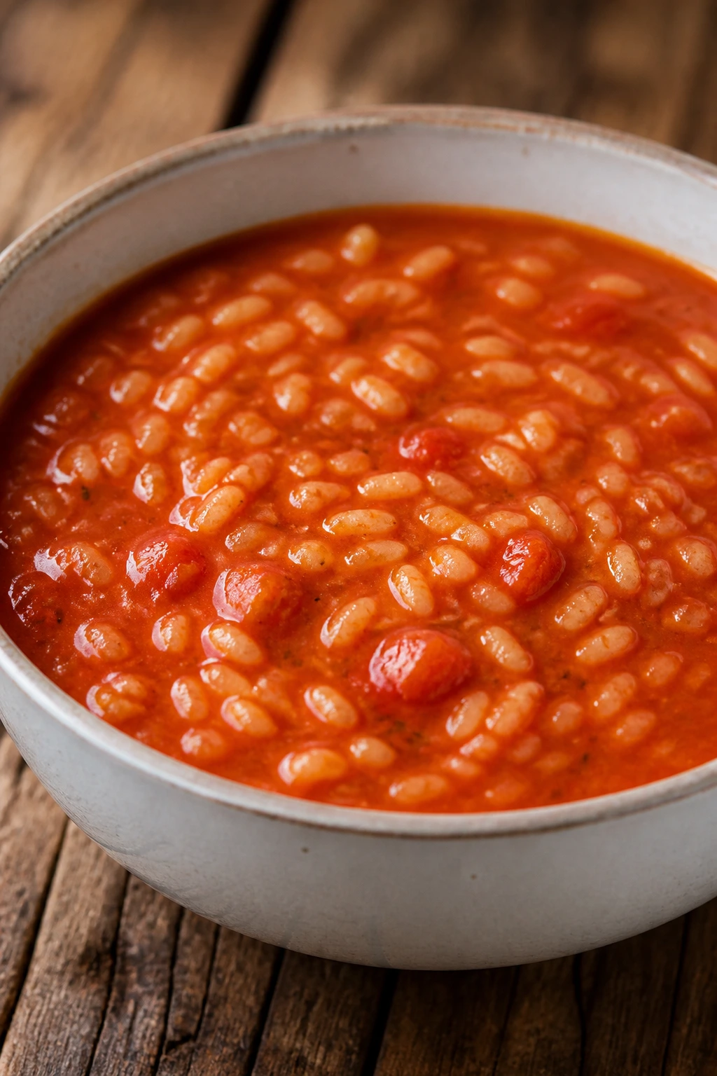 Bowl of tomato rice soup with visible rice grains