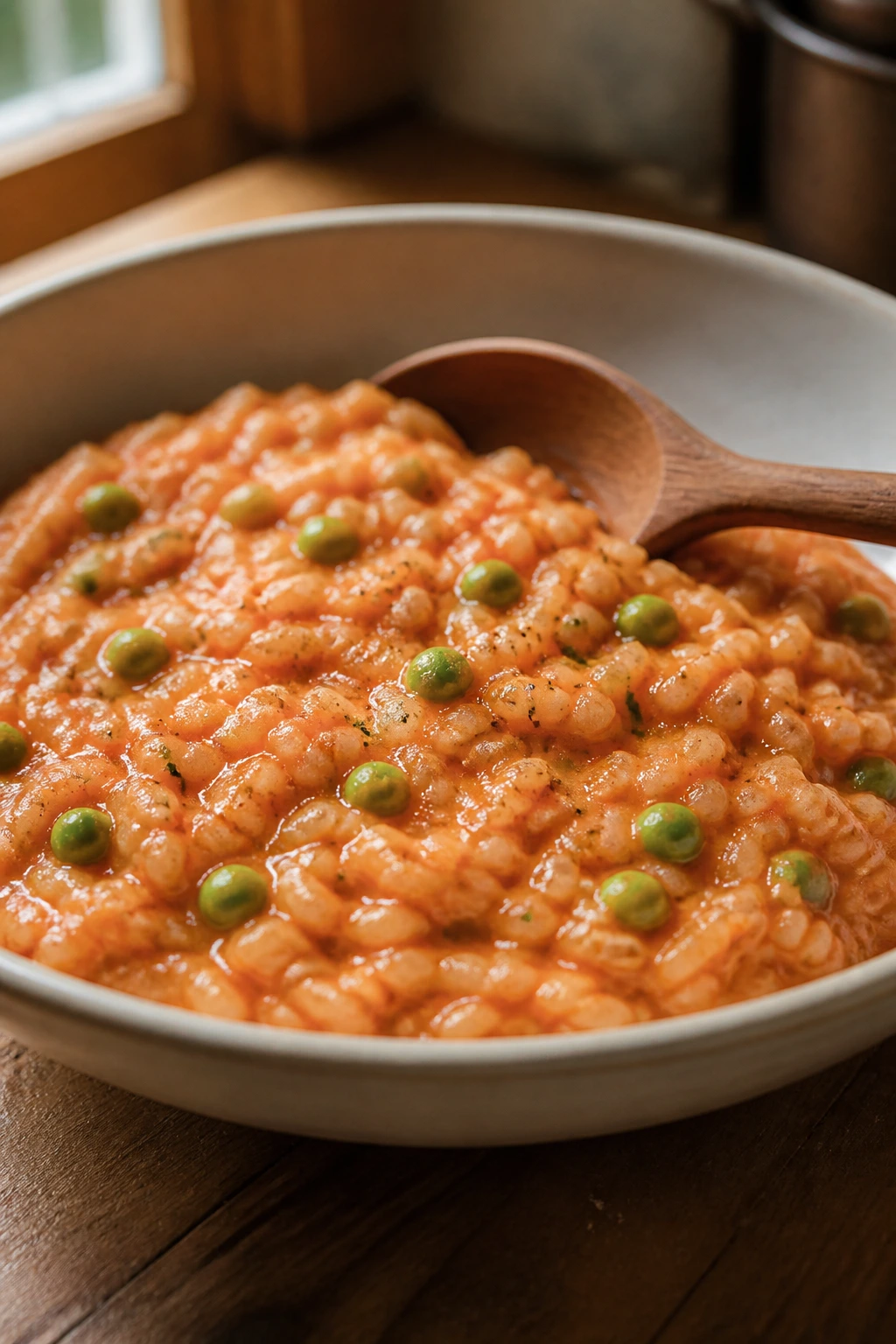 Close-up of tomato risotto with peas in a bowl