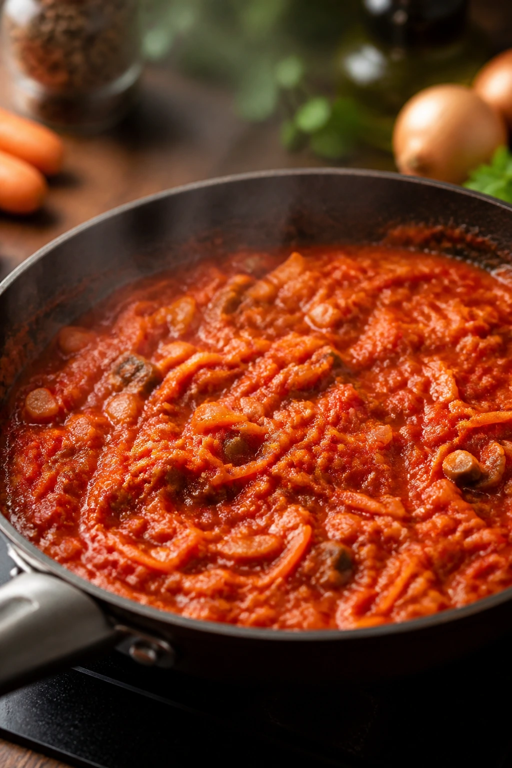 Skillet with tomato sauce containing hidden carrots and mushrooms