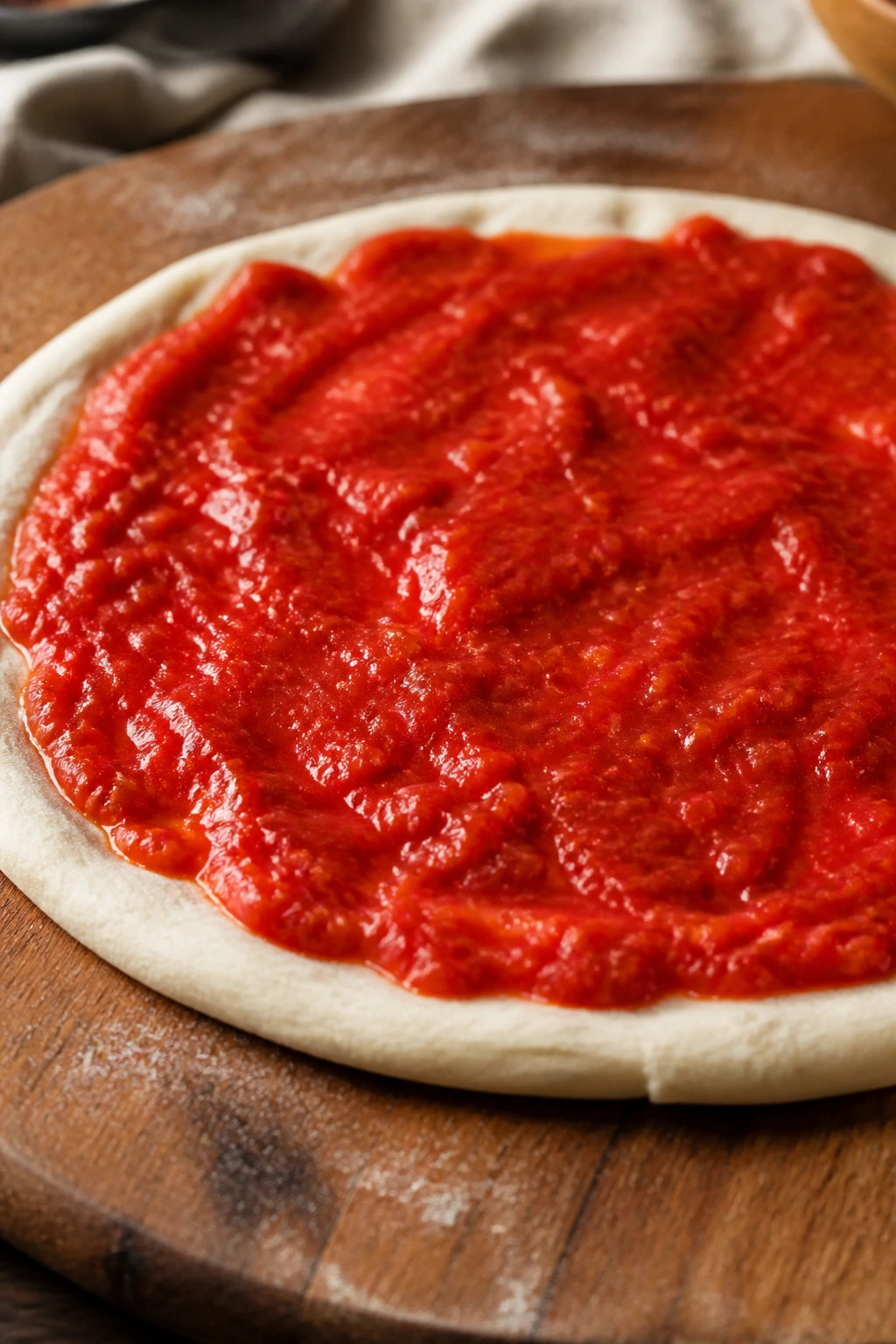 Pizza dough with bright tomato sauce layer spread evenly