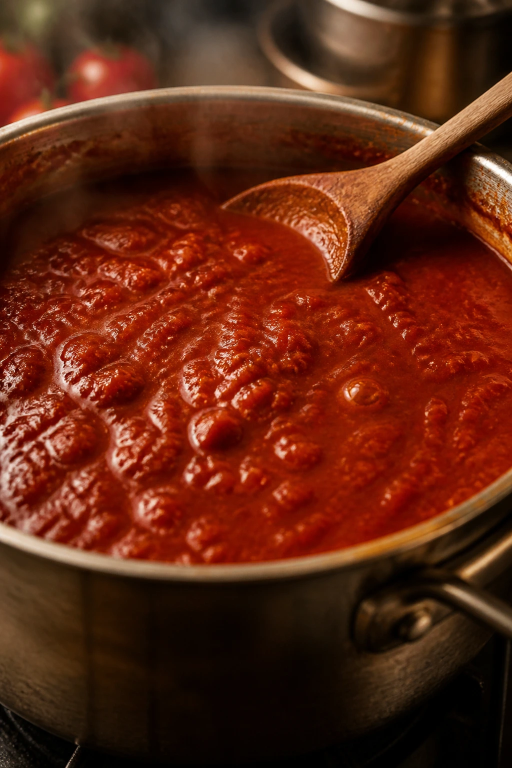 Simmering tomato sauce in a pot with steam and a wood spoon
