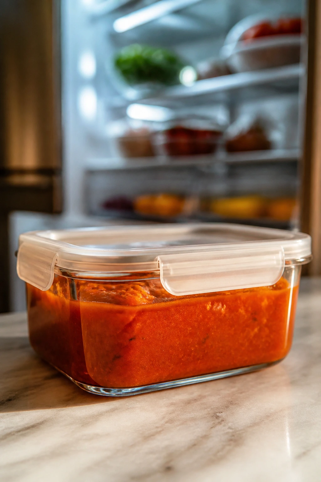 Sealed glass container of tomato sauce on a kitchen counter