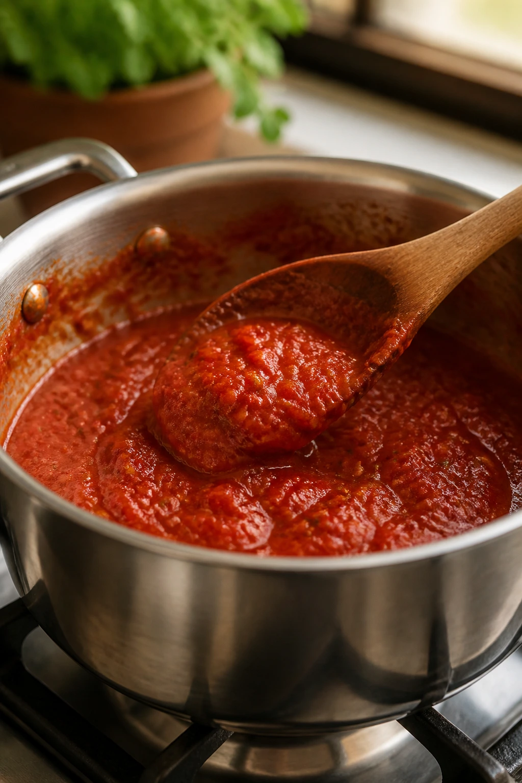 Thick tomato sauce clinging to a spoon in a saucepan on a stove