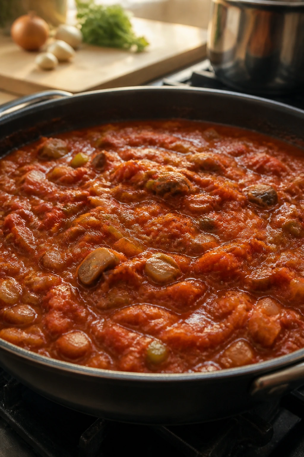 Close-up of tomato sauce with visible carrot, onion, celery, and mushrooms in a pan on a stove