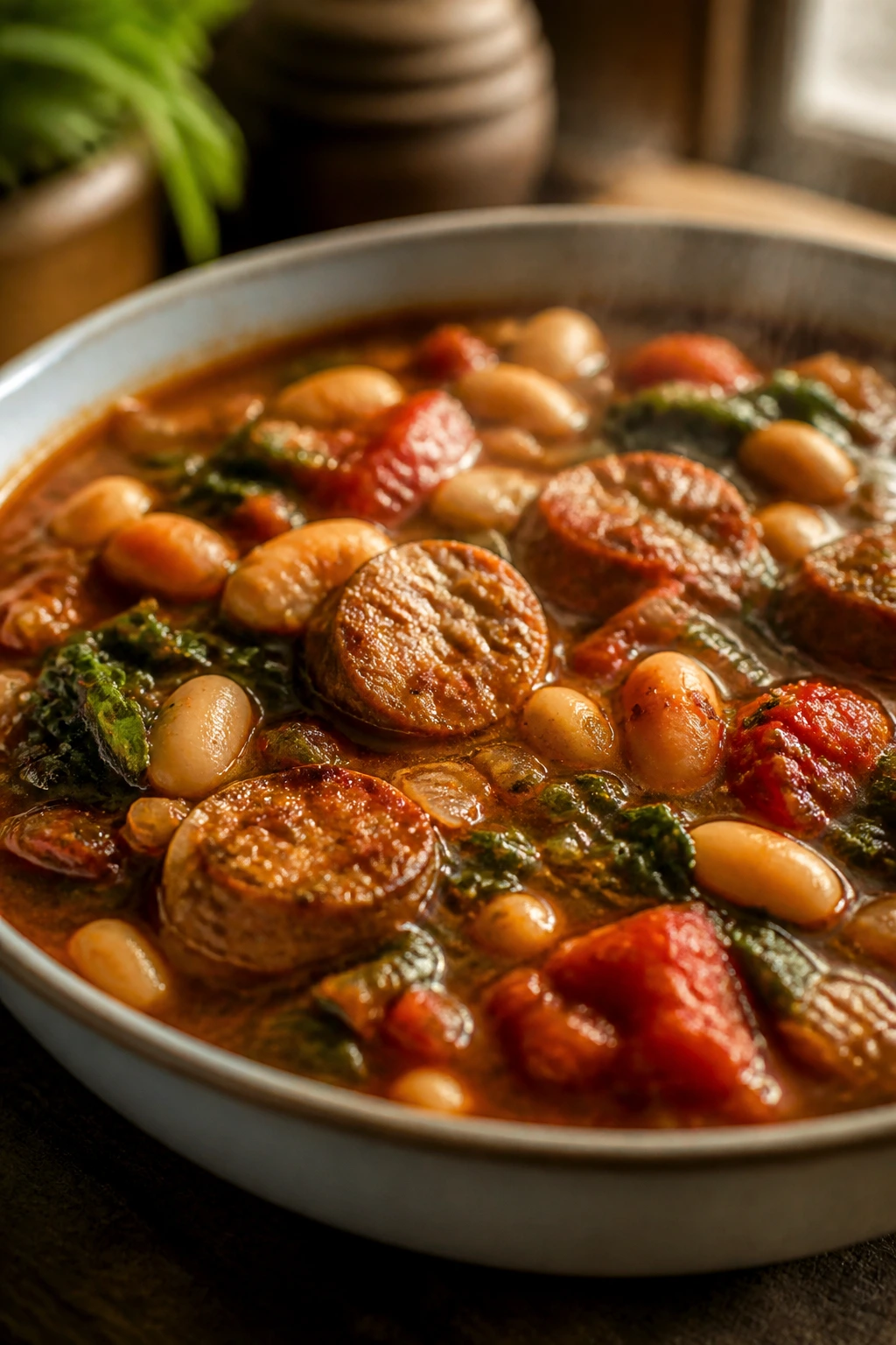 Steaming bowl of Tomato Sausage and White Bean Stew with sausage, beans, and greens