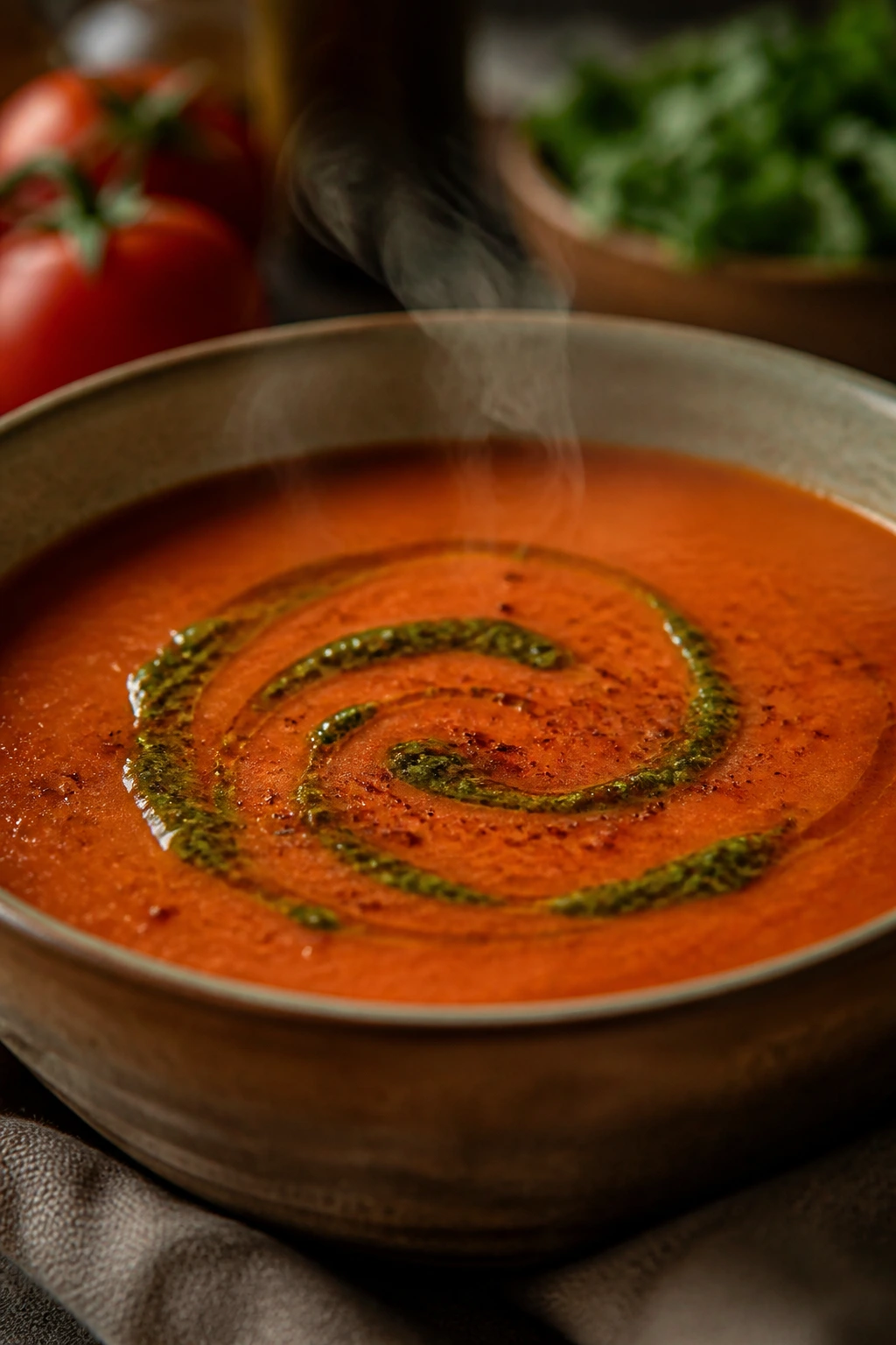Tomato soup with basil oil swirl and paprika, highlighting flavor boosts