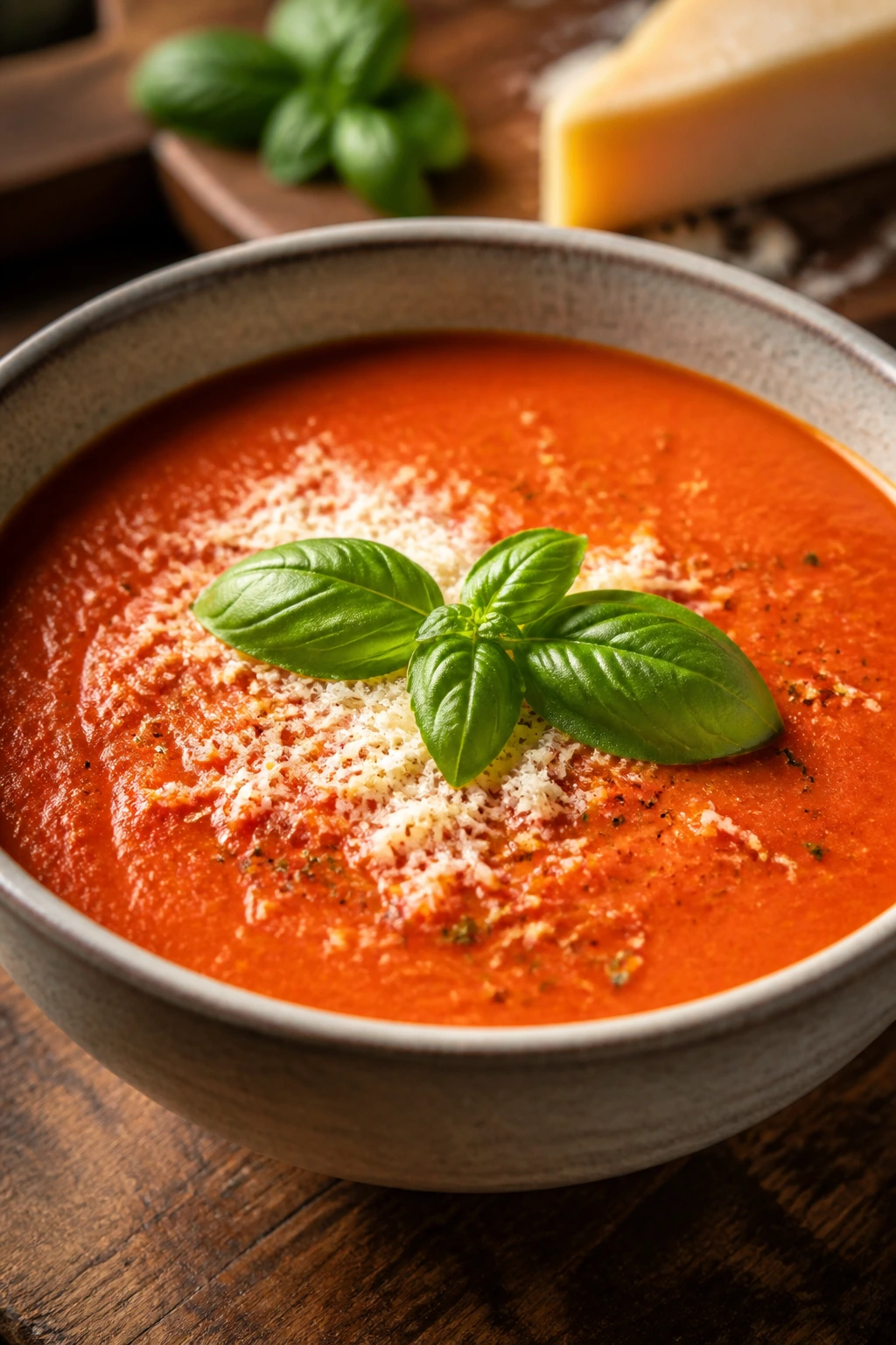 Close-up of tomato basil parmesan soup with basil garnish