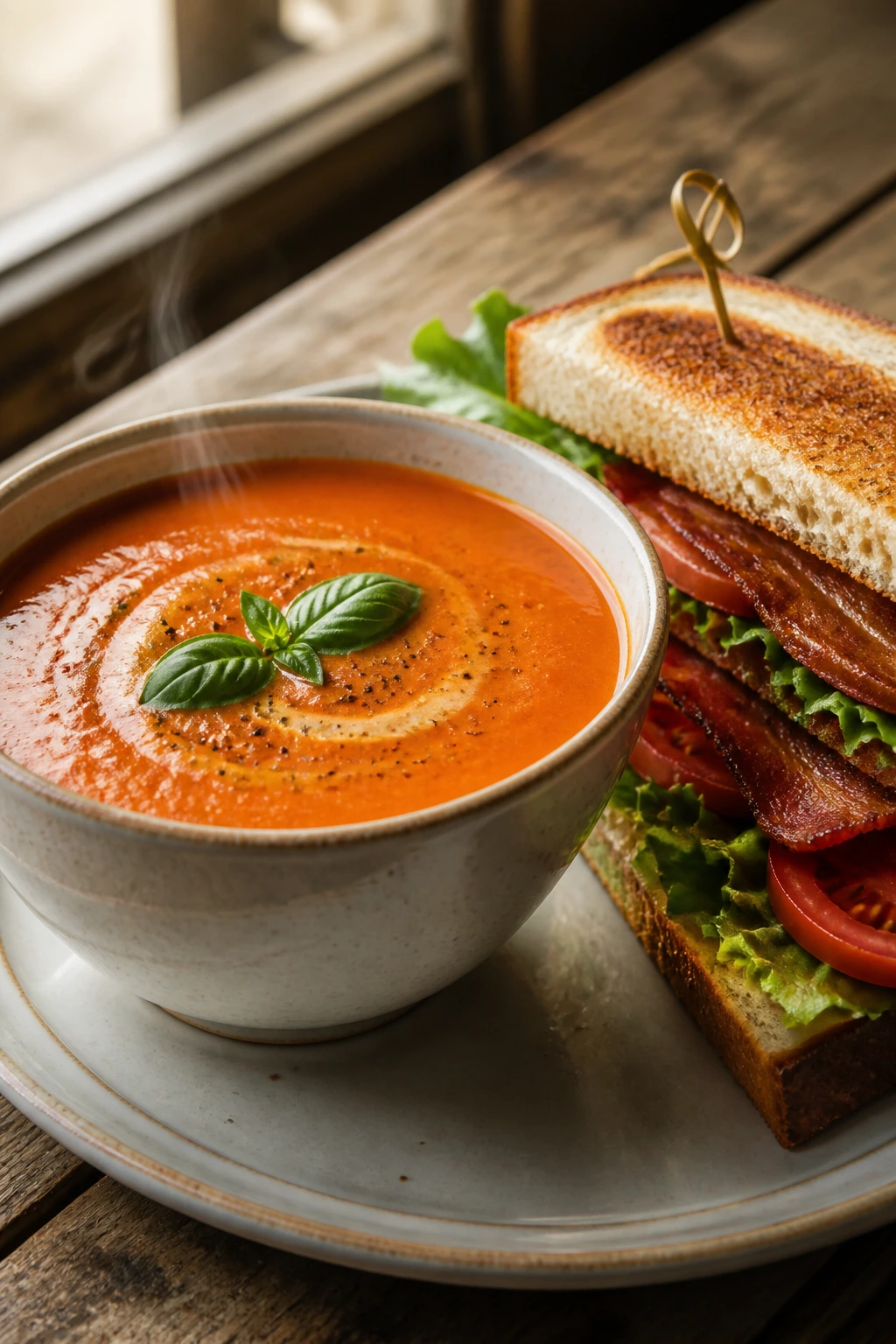 Close-up of creamy tomato soup with a BLT on a rustic table