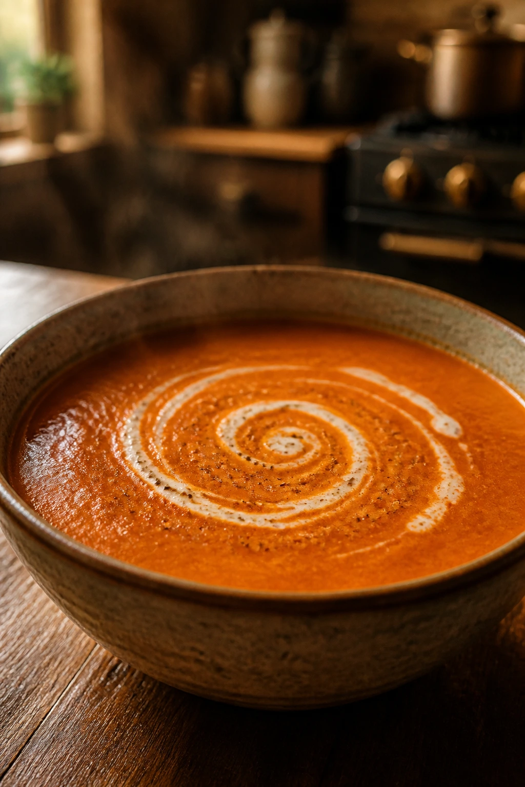 Close-up of a steaming bowl of creamy tomato soup on a rustic wooden table