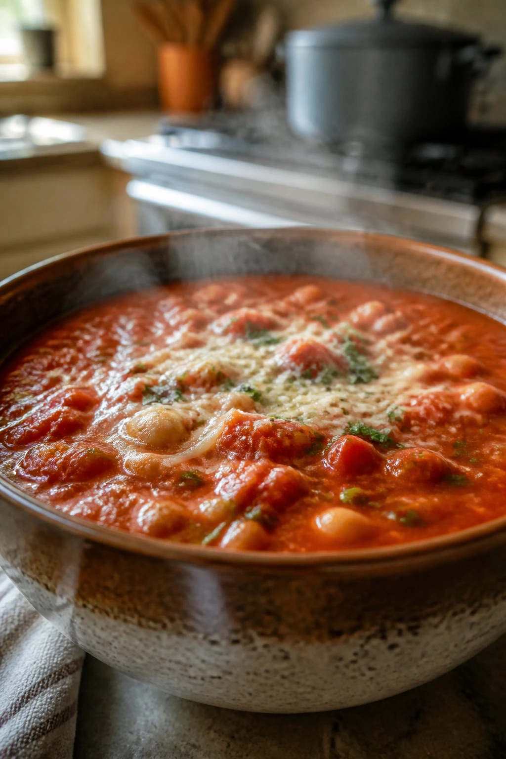 Close-up of a steaming bowl of hearty tomato soup on a kitchen counter