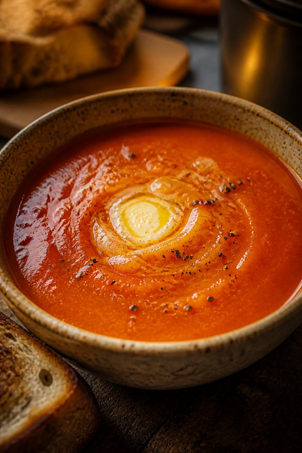 Close-up of tomato soup with a butter swirl on glossy surface in a cozy kitchen