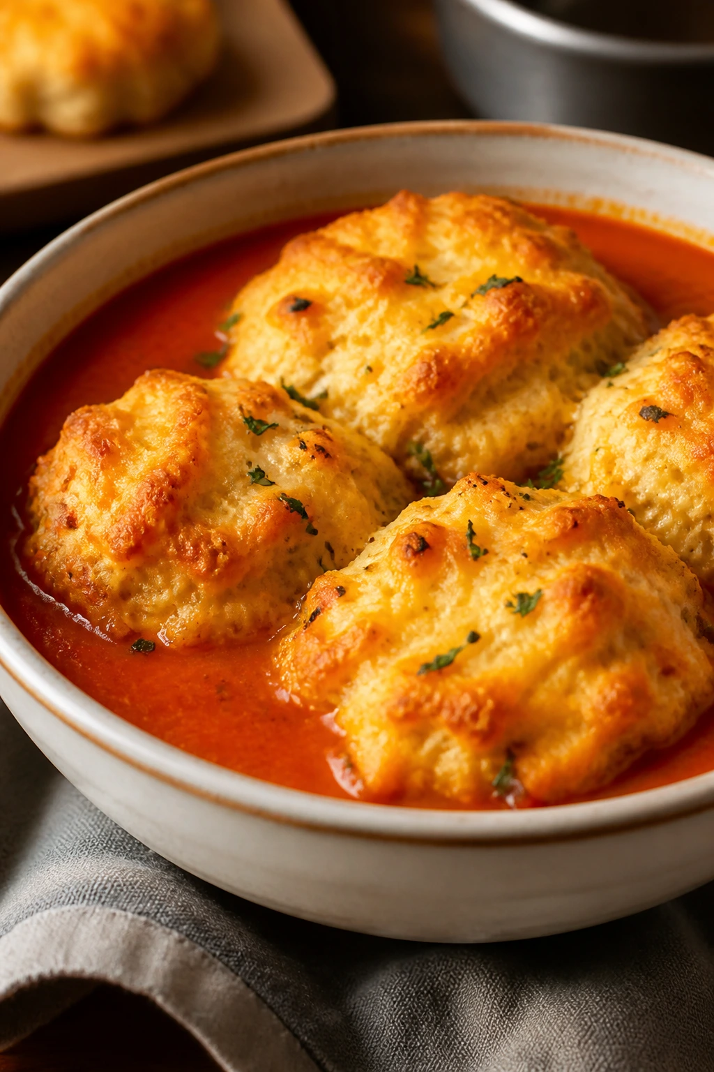 Tomato soup topped with cheddar biscuits in a bowl