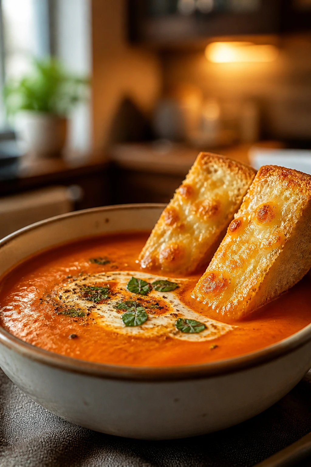 Creamy tomato soup with cheesy toast dippers on a warm kitchen scene