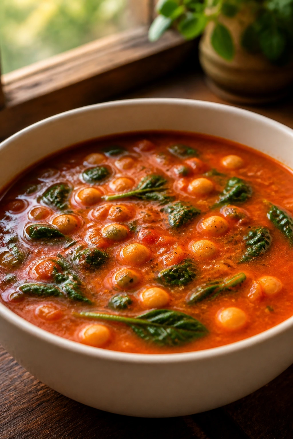 Close-up of tomato soup with chickpeas and spinach in a bowl on wood