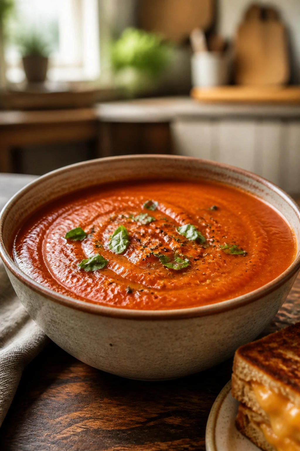 Thick tomato soup in a warm bowl on a rustic table with cozy kitchen lighting