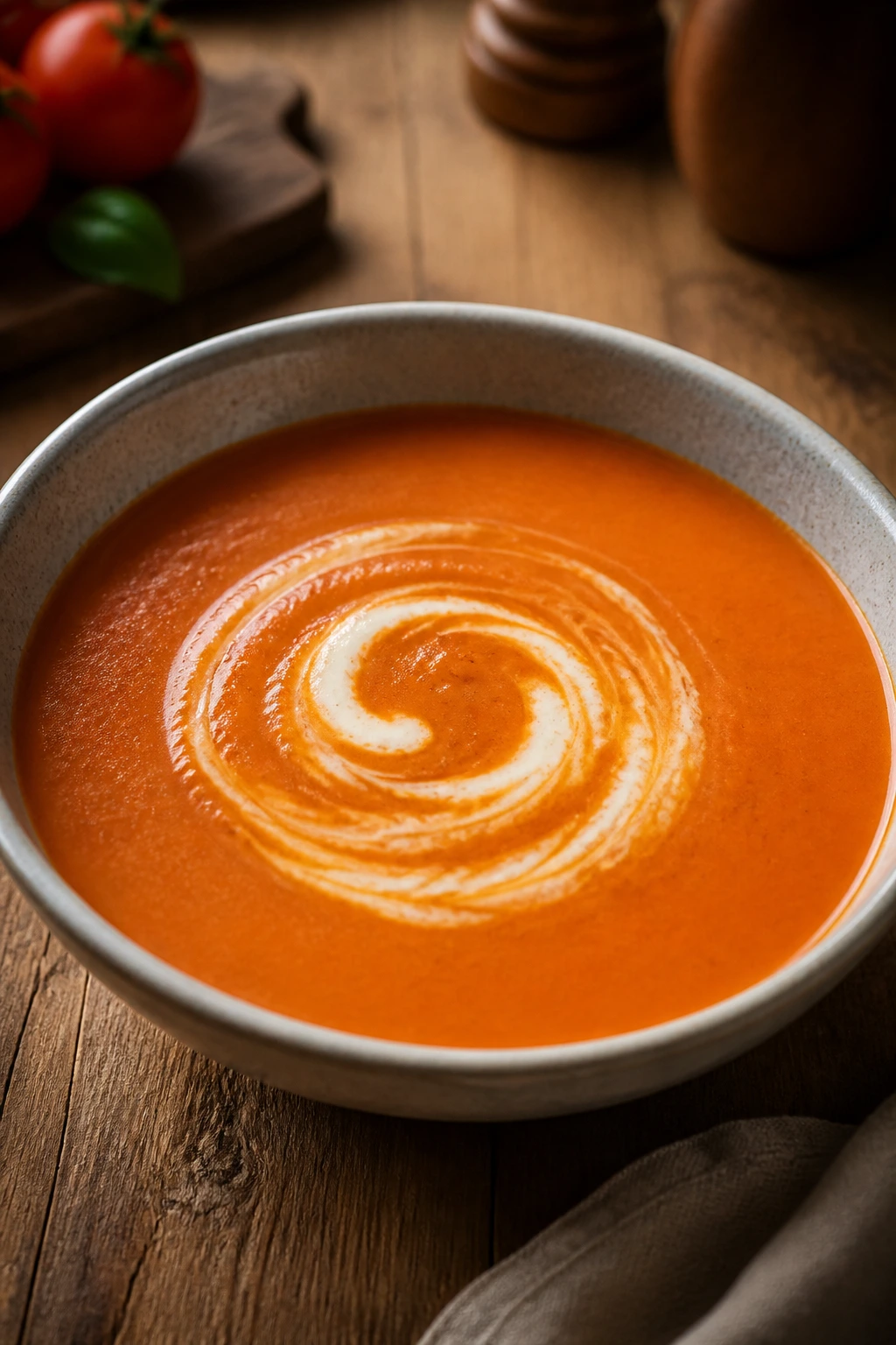 Close-up of classic creamy tomato soup with a cream swirl in a bowl