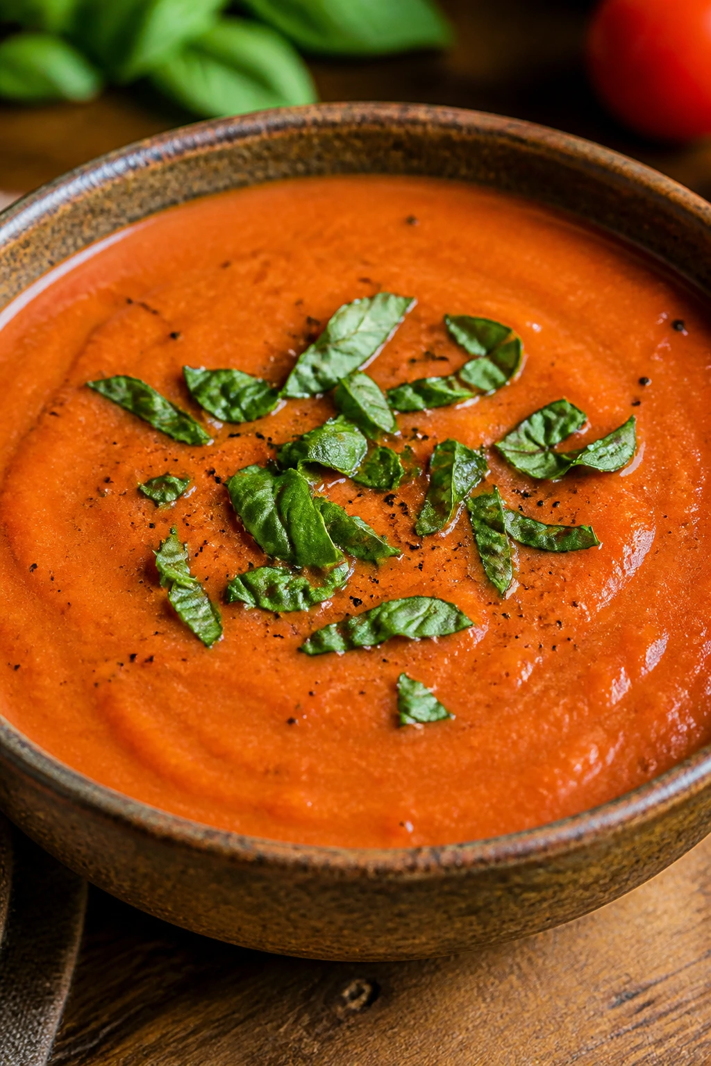 Close-up of creamy tomato basil soup in a bowl with basil garnish on a rustic table